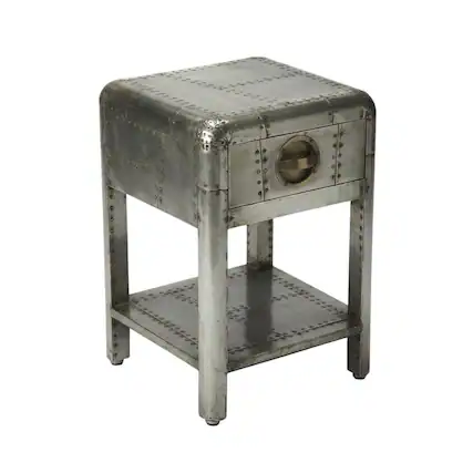 Front. Starlight Canyon Home - Industrial Side Table with Drawer, Square Wood End Table for Living Room - Silver.
