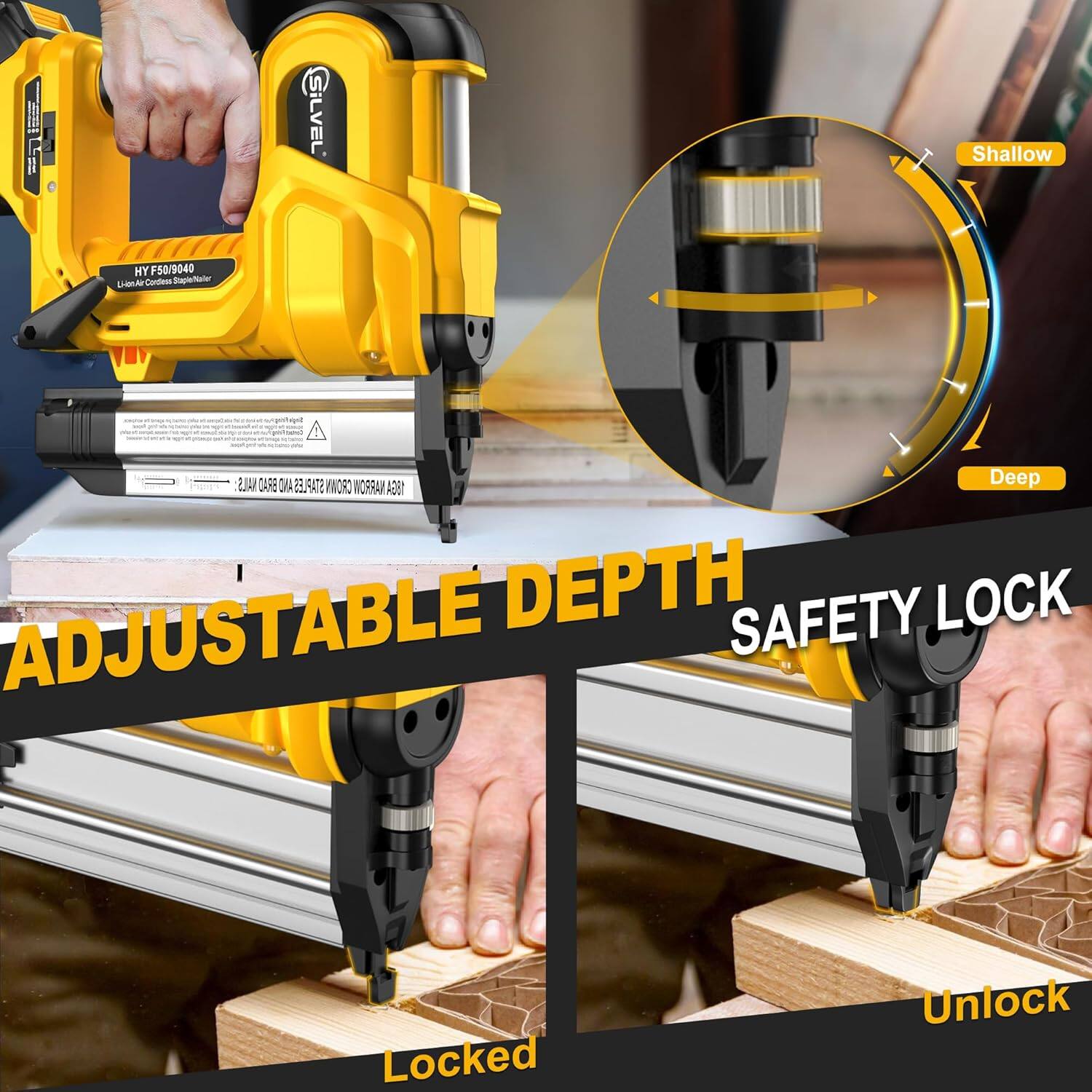 I  SiLVEL Shallow HY F50/9040 LAA Centem SrapisTater d : NALS CARE CMA STAPLES WIORO NARRON 18GA Deep DEPTH SAFETY LOCK ADJUSTABLE Locked Unlock