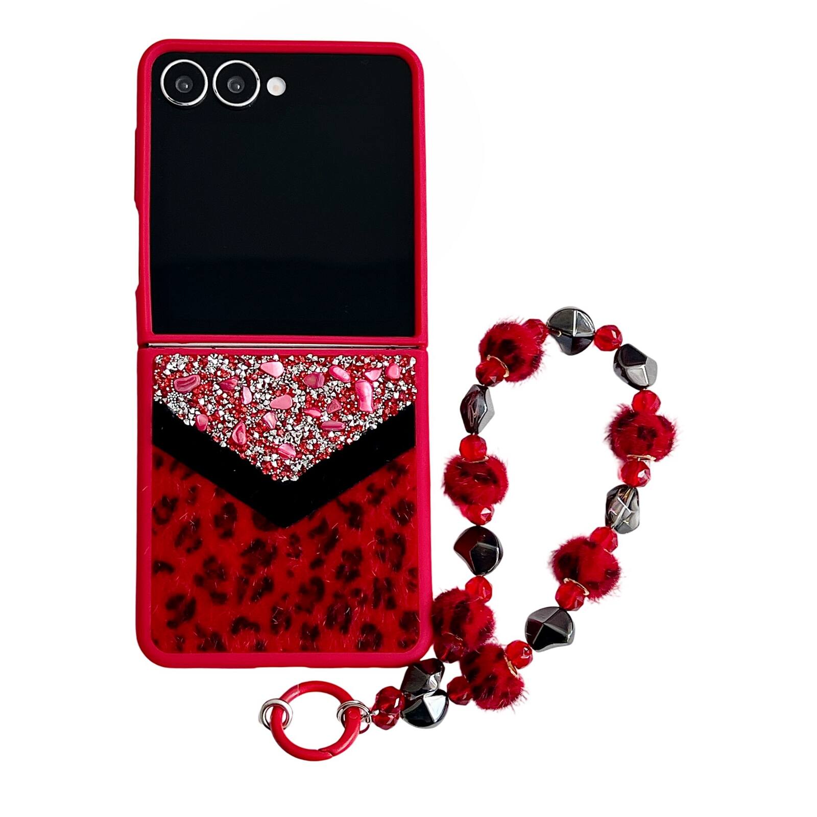 Angle. Dteck - Shockproof Phone Case for Samsung Galaxy Z Flip7 with Beaded Wrist Strap, Glitter Rhinestone Hard PC Protective Cover - Red.