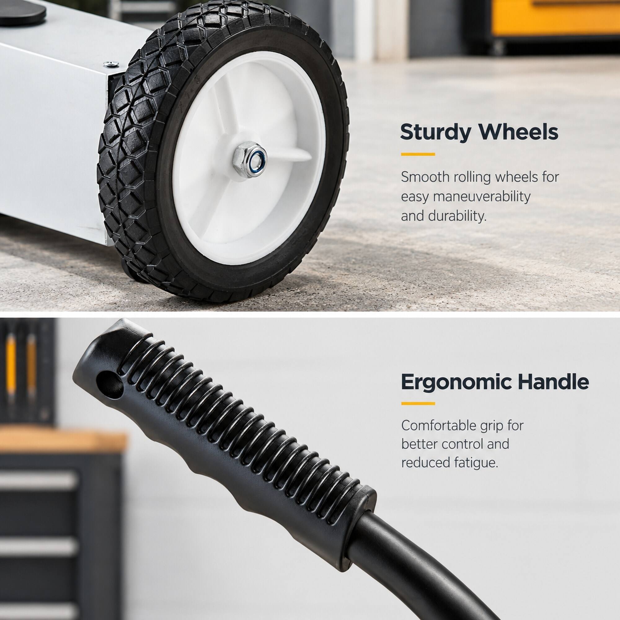 Sturdy Wheels
Smooth rolling wheels for easy maneuverability and durability.

Ergonomic Handle
Comfortable grip for better control and reduced fatigue.