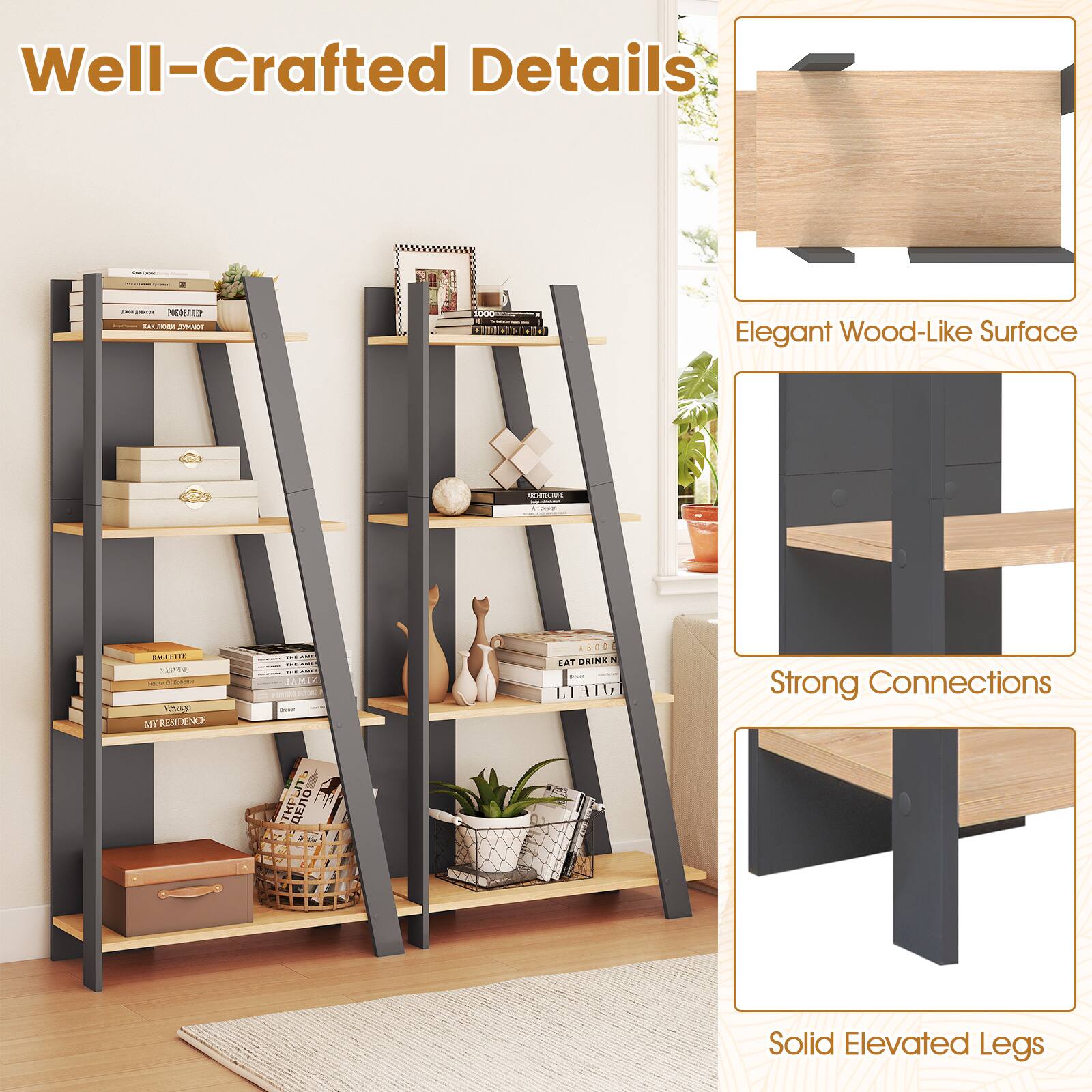 Well-Crafted Details

- Elegant Wood-Like Surface
- Strong Connections
- Solid Elevated Legs