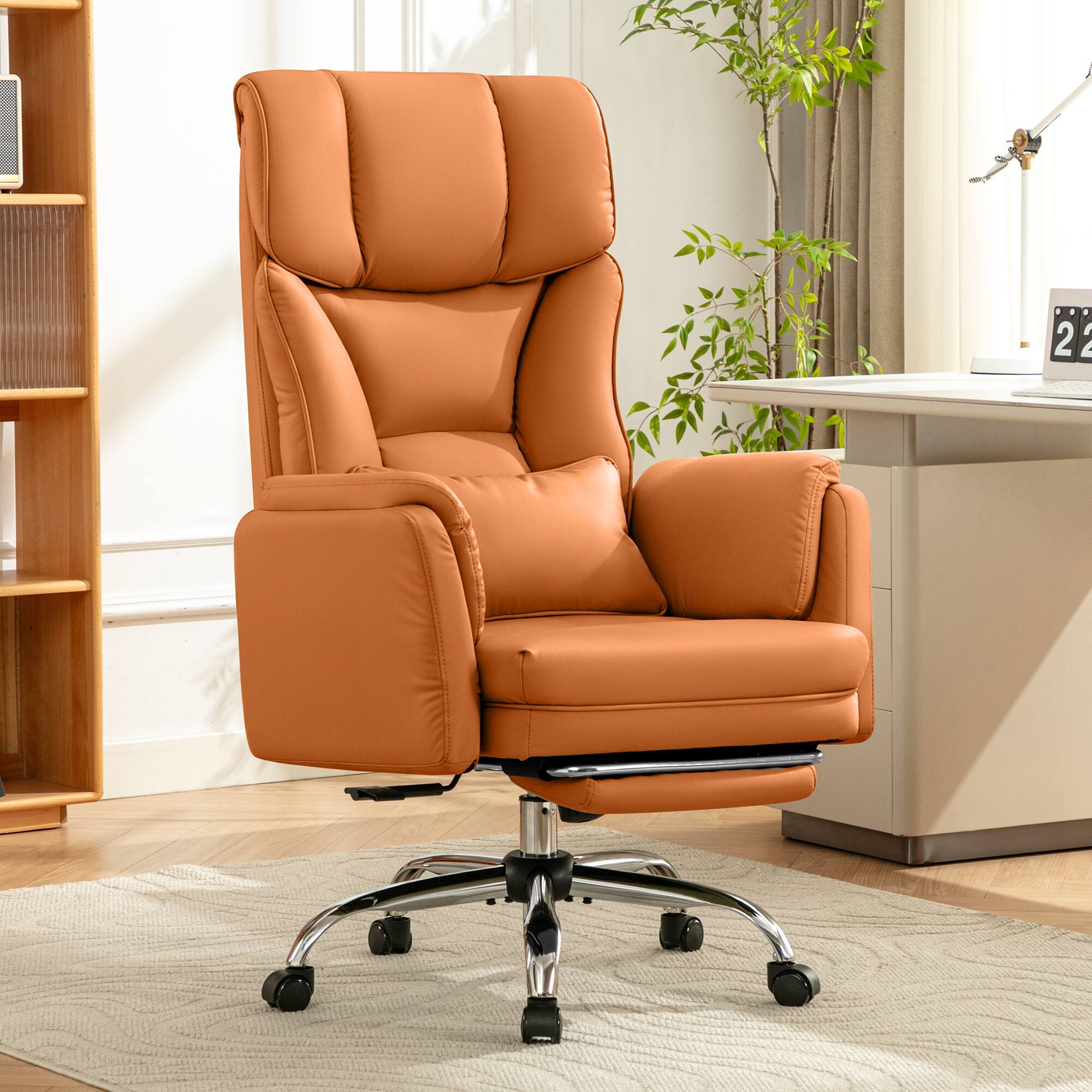 Angle. KERDOM - Ergonomic Big Office Leather Chair with Expandable Arms, Reclining Cross Legged Chair with Footrest Wide Seat for Gaming - Caramel.