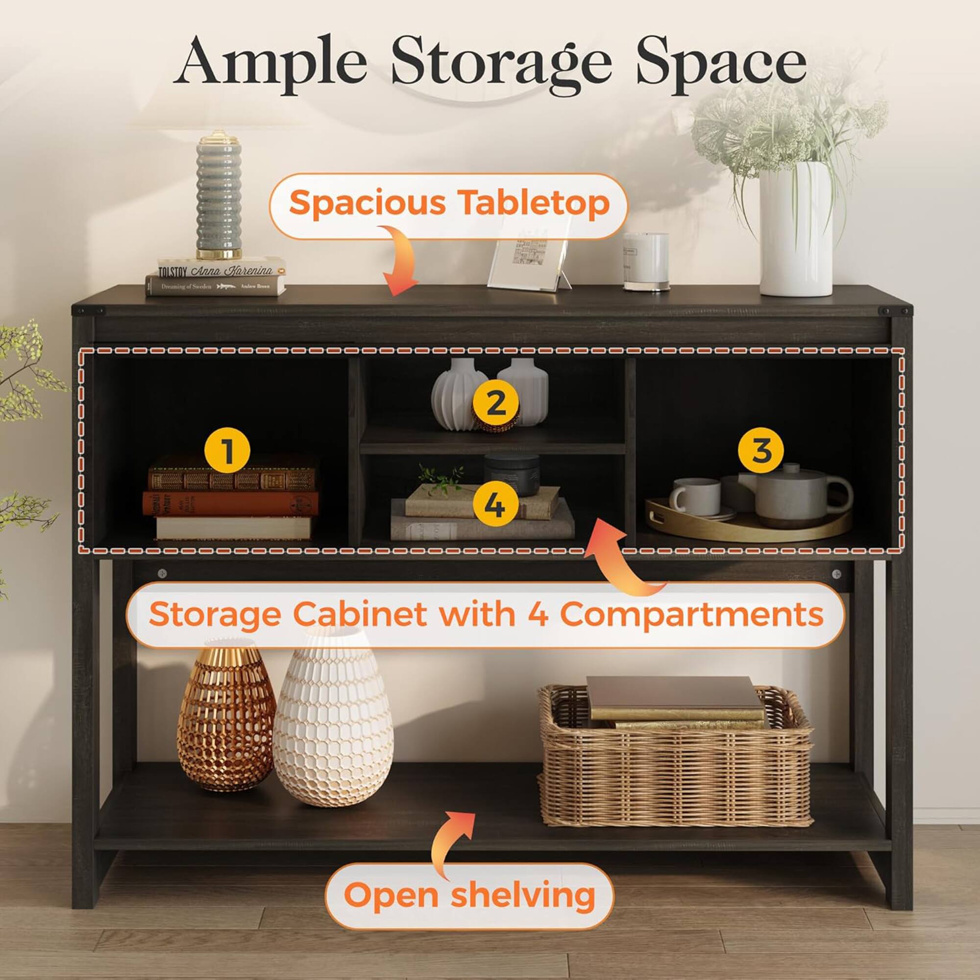 Ample Storage Space  
Spacious Tabletop  
Storage Cabinet with 4 Compartments  
Open shelving