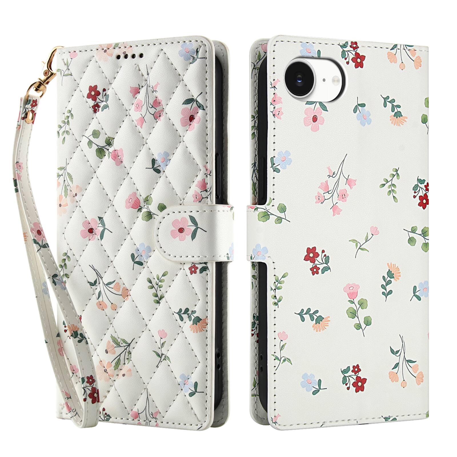 Angle. Dteck - Floral Wallet Case for Apple iPhone 17e with Wrist Strap, Premium PU Leather Shockproof Protective Flip Kickstand Cover - A.