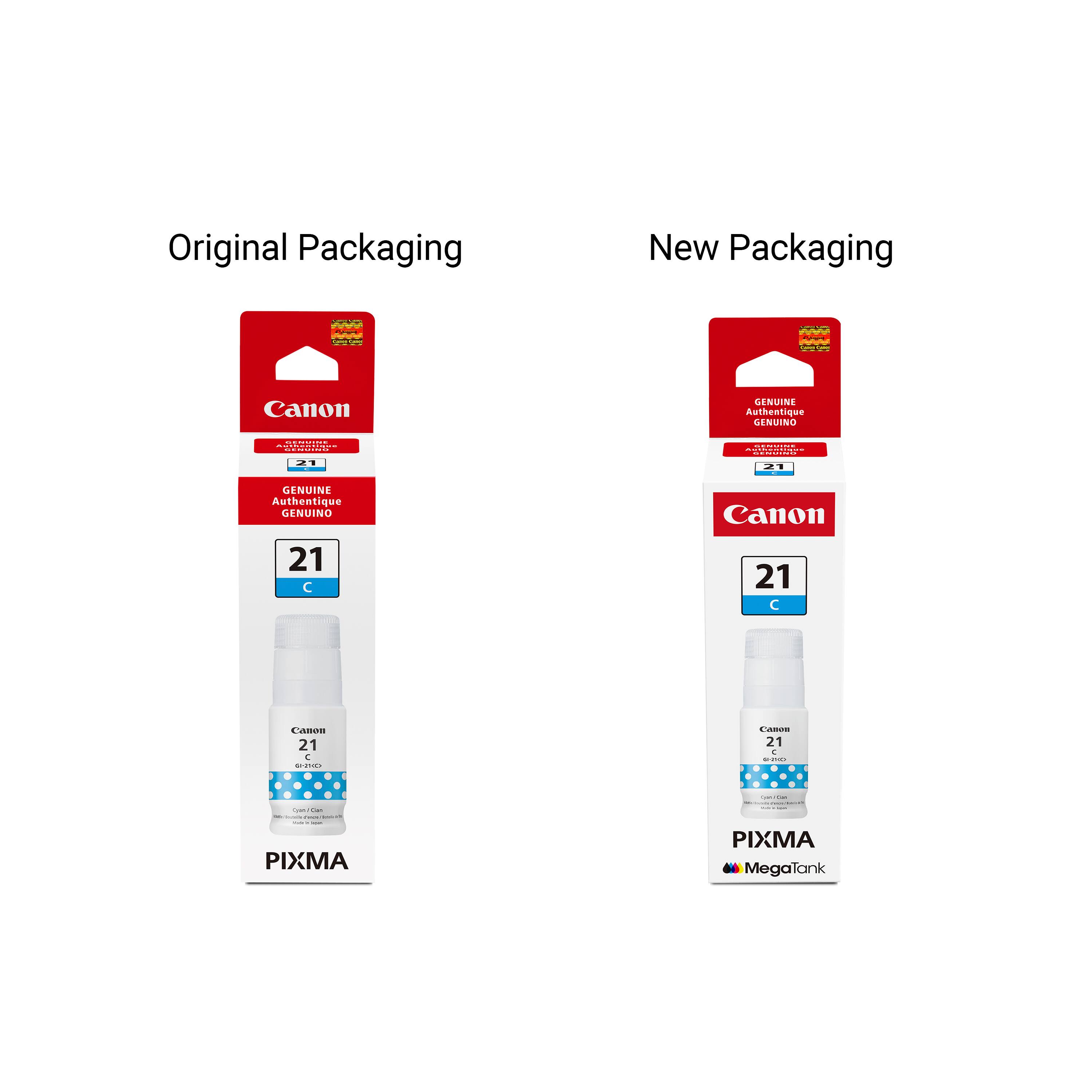 Original Packaging  
Canon GENUINE Authentique GENUINO  
21 C  
PIXMA  

New Packaging  
Canon GENUINE Authentique GENUINO  
21 C  
PIXMA MegaTank