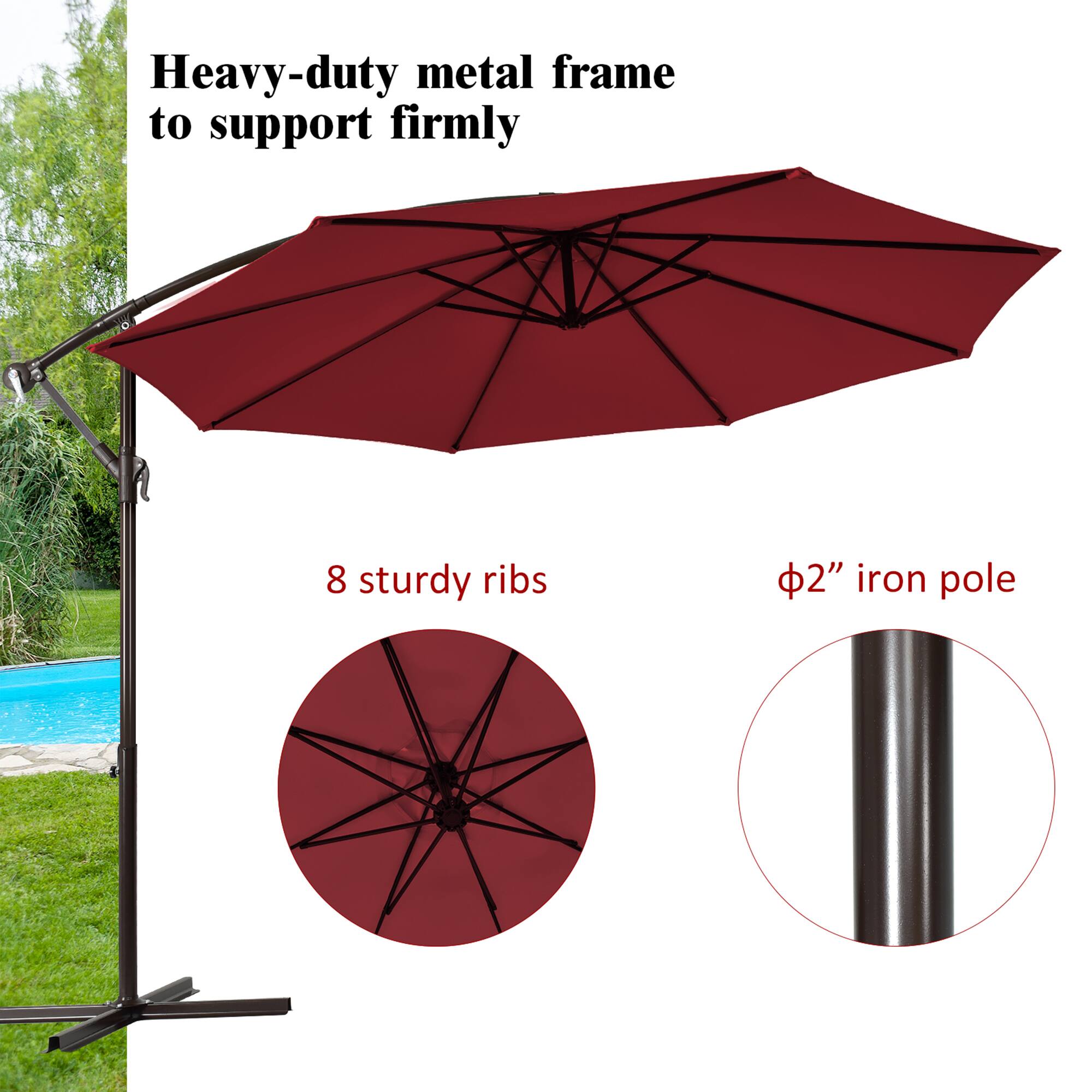 Heavy-duty metal frame to support firmly, 8 sturdy ribs, 2" iron pole