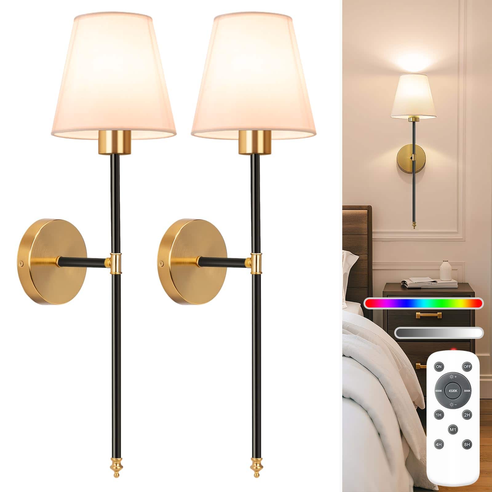 Dazzed Corner - Battery Operated Wall Sconce Set of 2,with 5200mAh Dimmable Detachable Bulbs and Remote