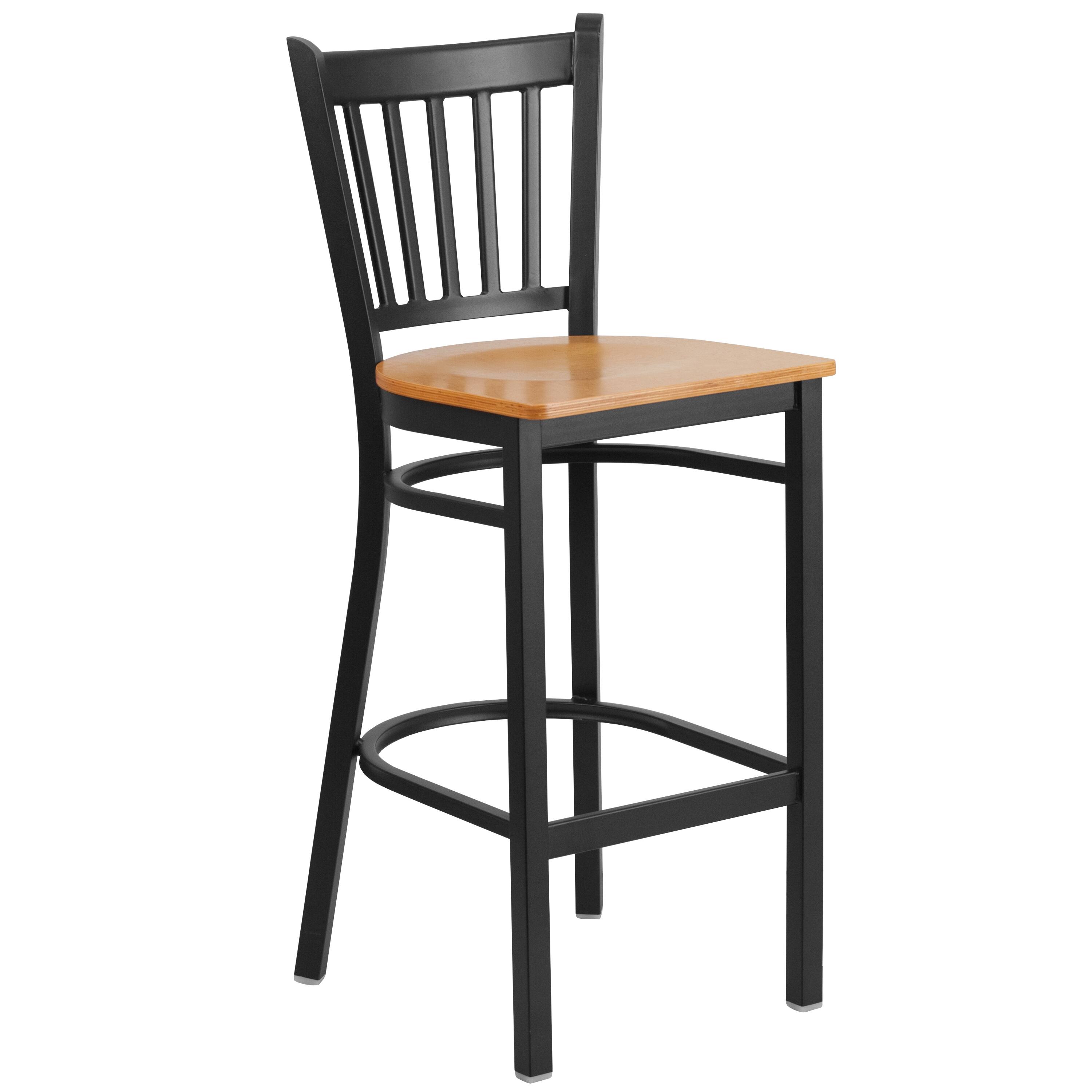 Front. Emma + Oliver - Vertical Back Metal Restaurant Dining Barstool - Natural Wood Seat/Black Metal Frame.