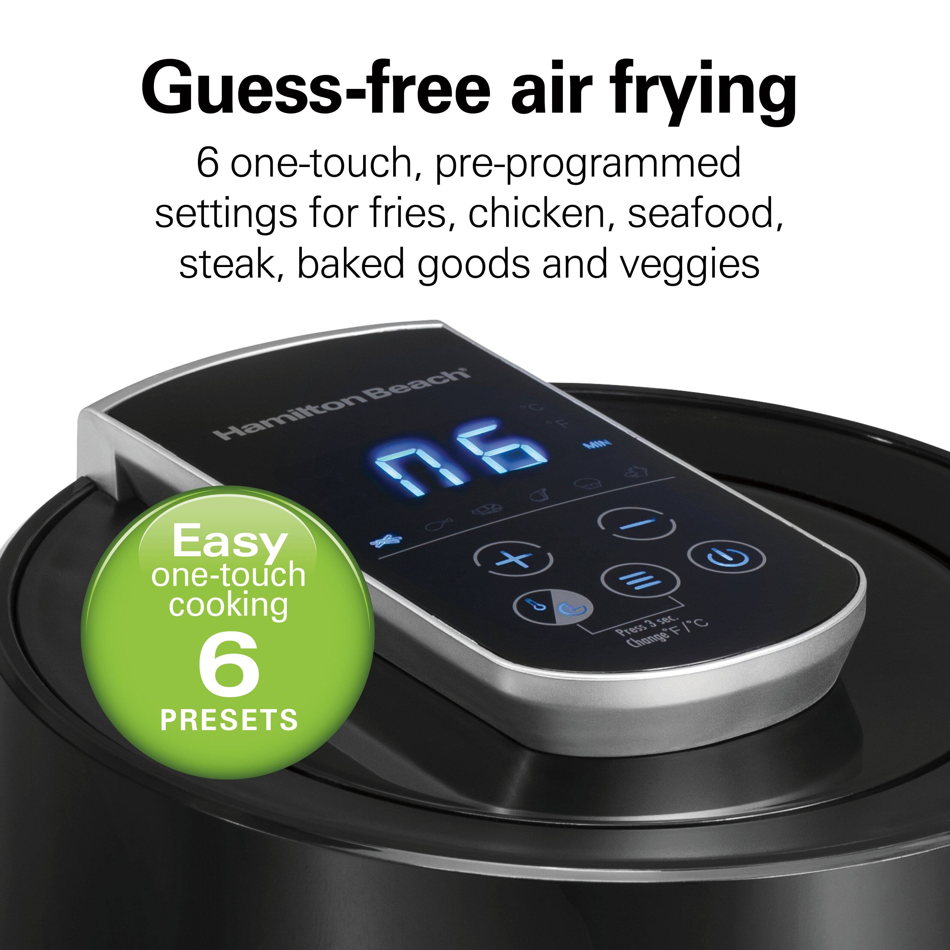 Guess-free air frying  
6 one-touch, pre-programmed settings for fries, chicken, seafood, steak, baked goods and veggies  

Beach Hamilton 06 Easy X one-touch cooking 6 PRESETS  
3 sec. F/C Press Change F