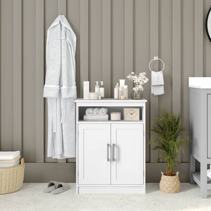Front. Emma + Oliver - Vesta Bathroom Storage Cabinet Organizer with Adjustable In-Cabinet Shelf, Magnetic Closure Doors, and Upper Open Shelf - White.