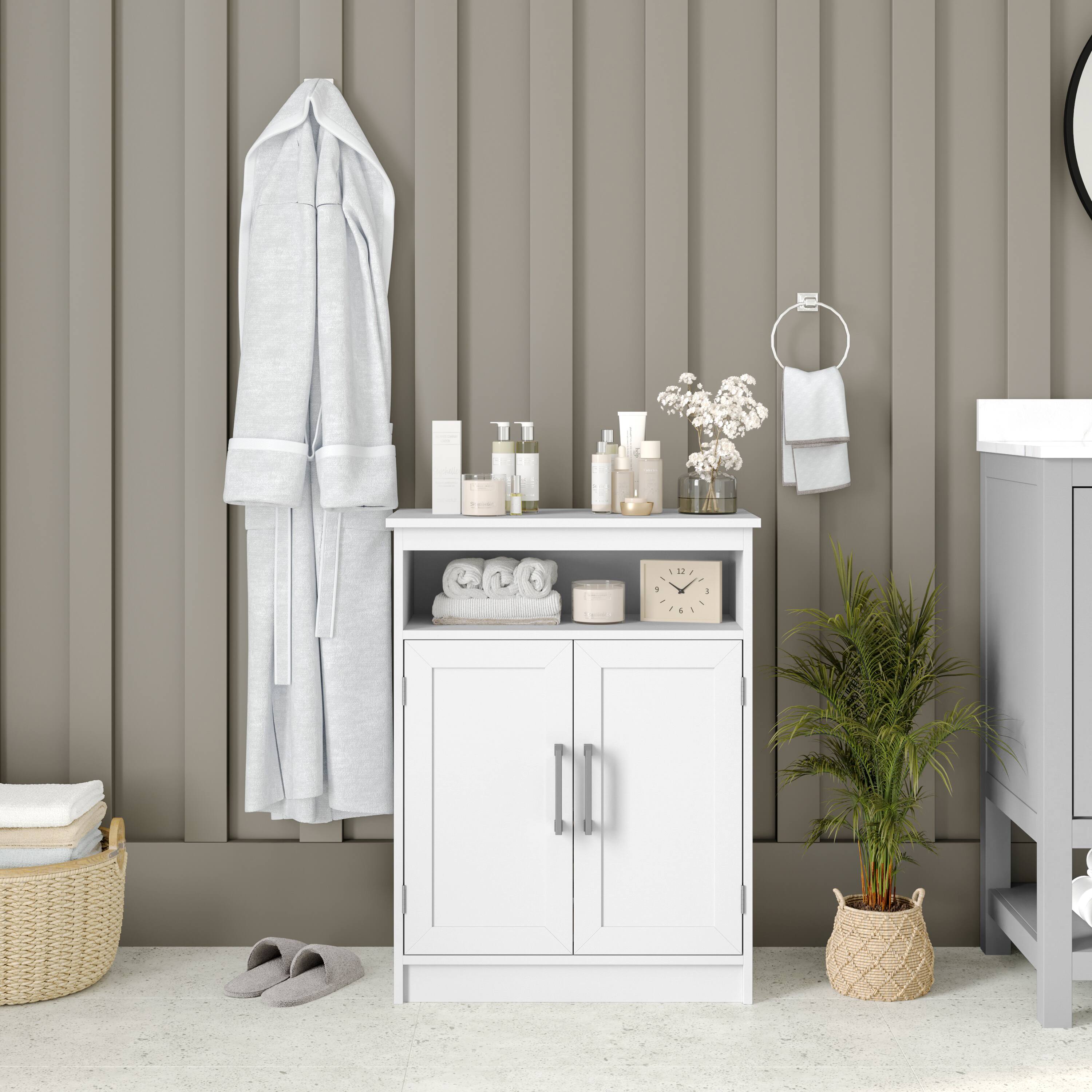 Front. Emma + Oliver - Vesta Bathroom Storage Cabinet Organizer with Adjustable In-Cabinet Shelf, Magnetic Closure Doors, and Upper Open Shelf - White.
