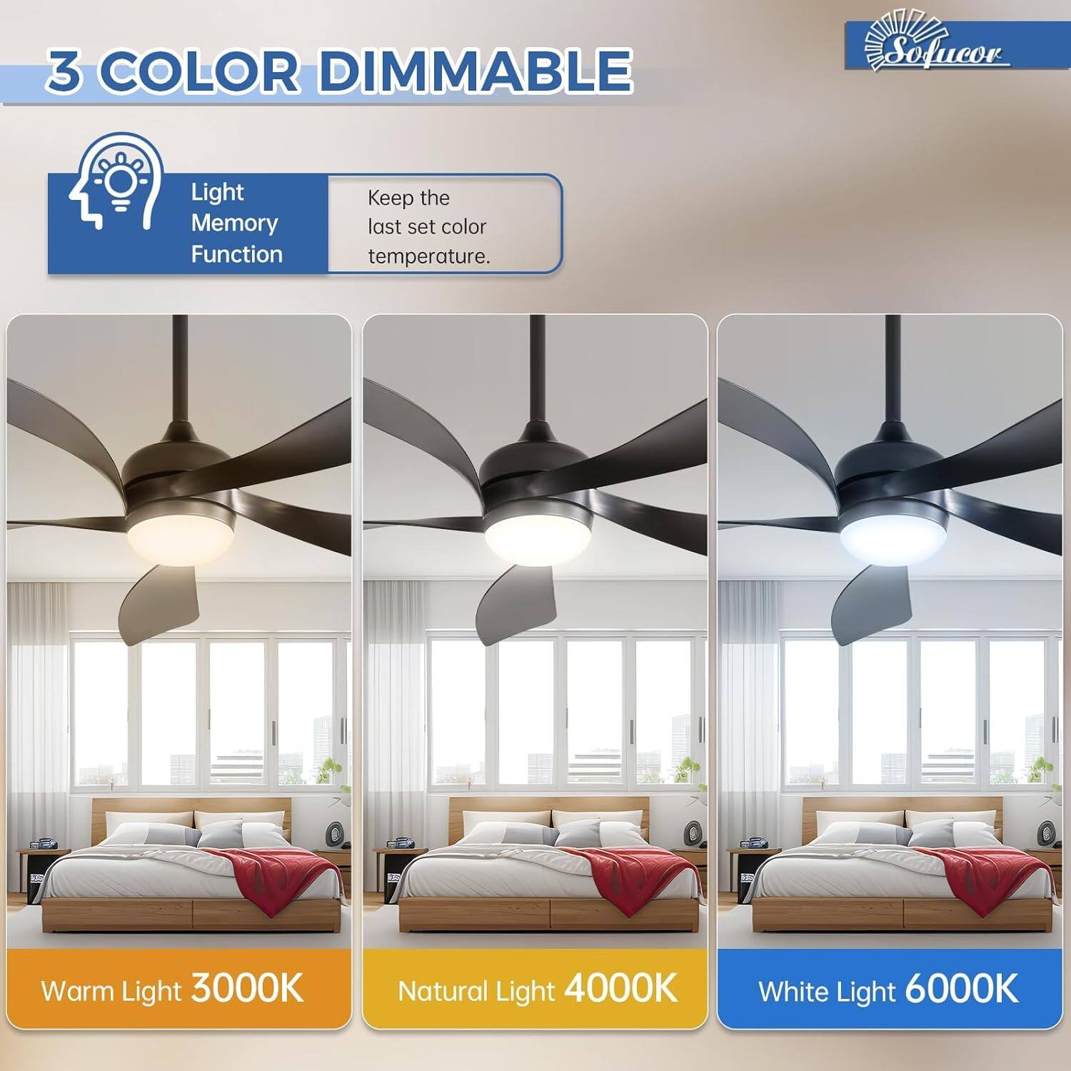 3 COLOR DIMMABLE

Light Memory Function  
Keep the last set color temperature.

Warm Light 3000K  
Natural Light 4000K  
White Light 6000K