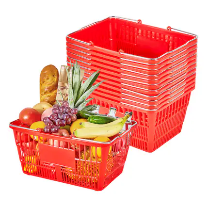 Front. VEVOR - Shopping Baskets, 12 PCS, 21L Stackable PE Plastic Grocery Baskets with Metal Handles, Dense Mesh Structure - Red.