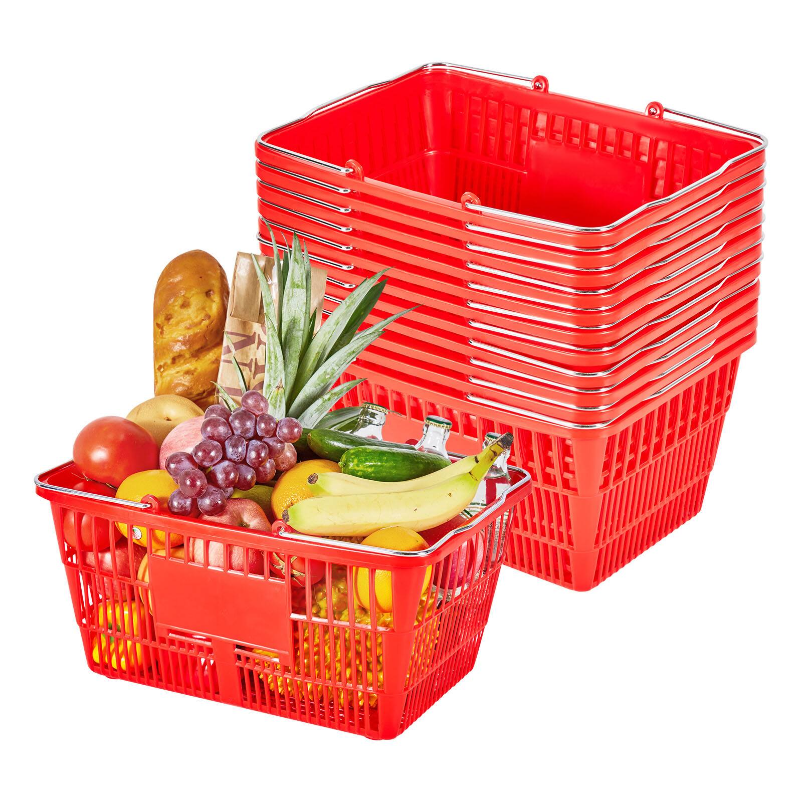 Front. VEVOR - Shopping Baskets, 12 PCS, 21L Stackable PE Plastic Grocery Baskets with Metal Handles, Dense Mesh Structure - Red.