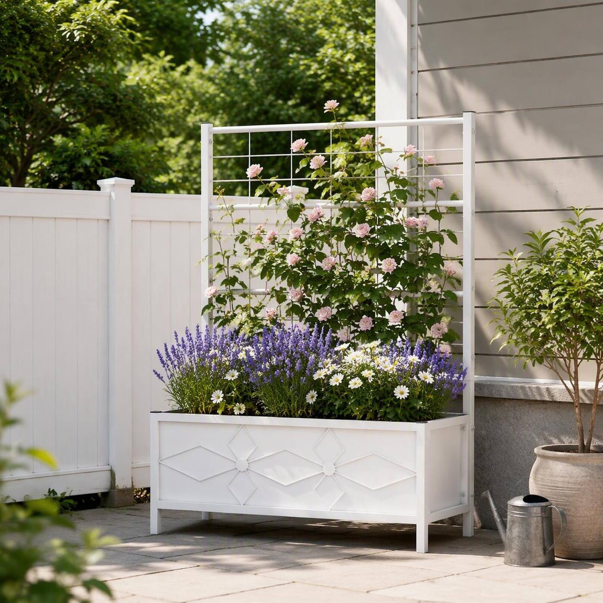 Back. RYHNUYNE - Outdoor Raised Garden Bed with Trellis, Galvanized Steel Planter Box for Climbing Vines, White Finish, 35.4 x 15.7 - White.