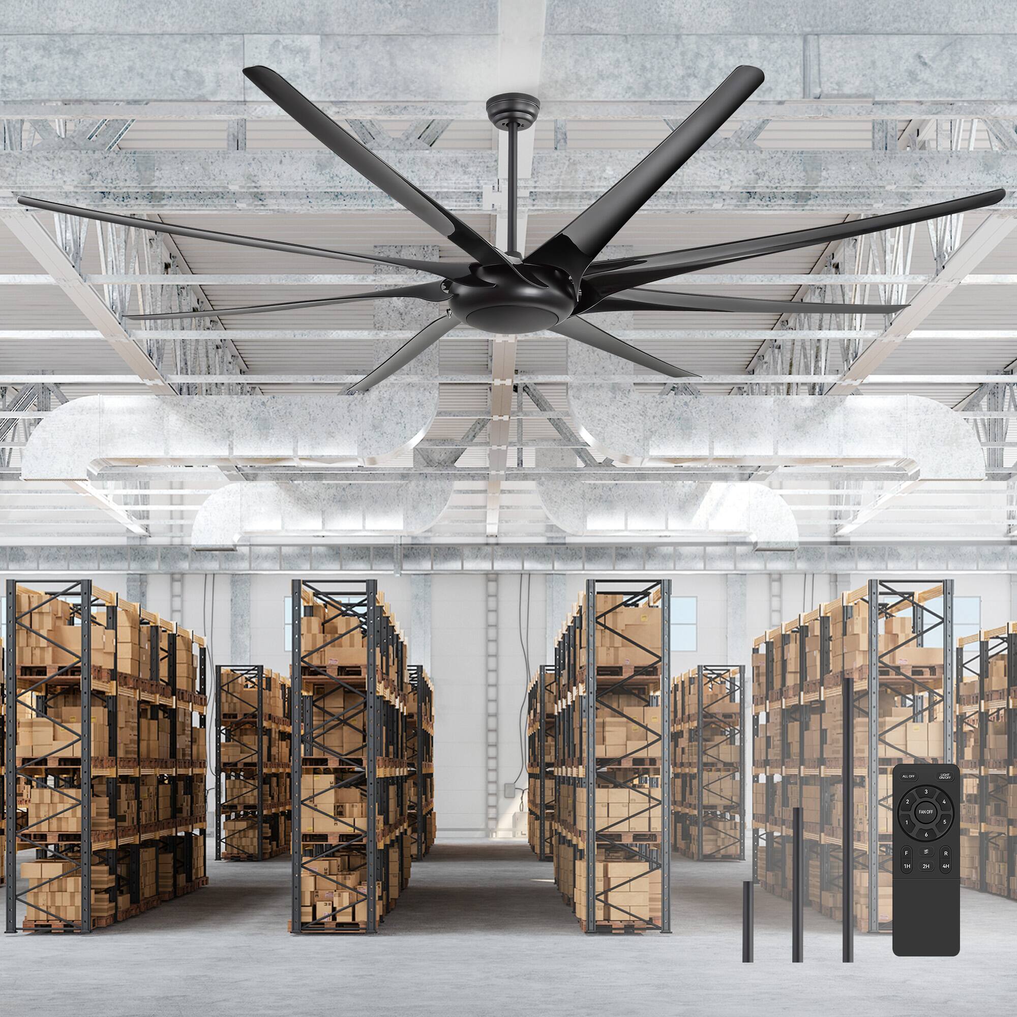 Left. Breezary - 100 Inch Large HVLS Commercial Ceiling Fan, 8 ABS Blades, DC Motor, 6-Speed Remote, 12/24/36'' Downrods, LED/No Light - Black (No Light).