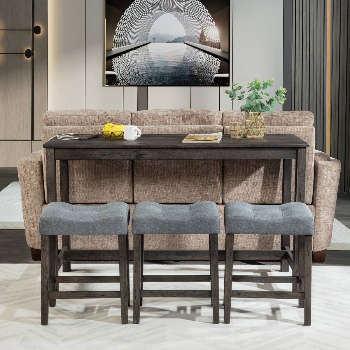 Angle. Loheer - Loheer Bar Table Set with Power Outlet, Three Stools, Dark Gray Rectangular Dining Set - Dark Gray.