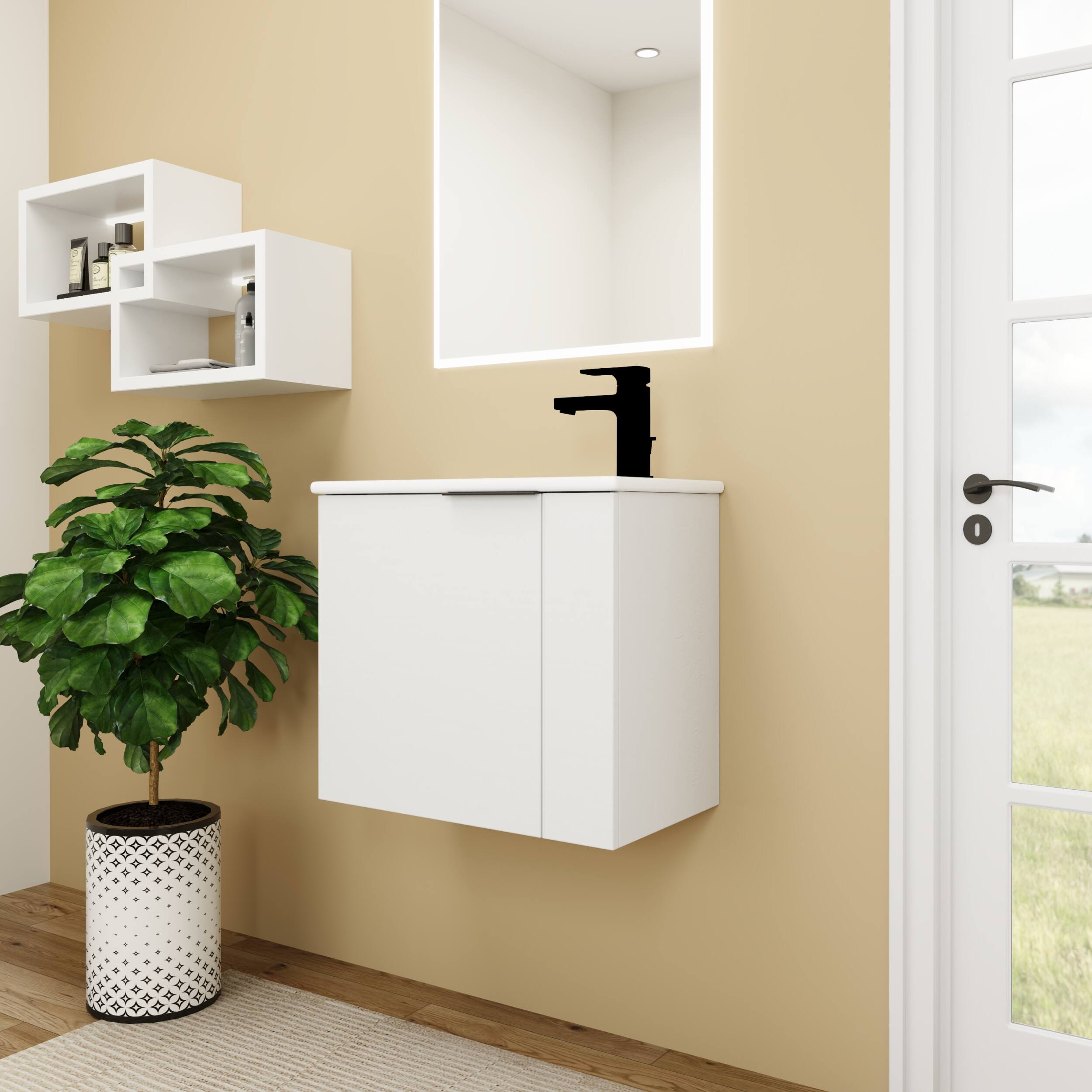 Alt View 2. ELEMENT ACE - Compact Floating Bathroom Vanity with Ceramic Sink and Soft Close Doors Perfect for Small Spaces - White.