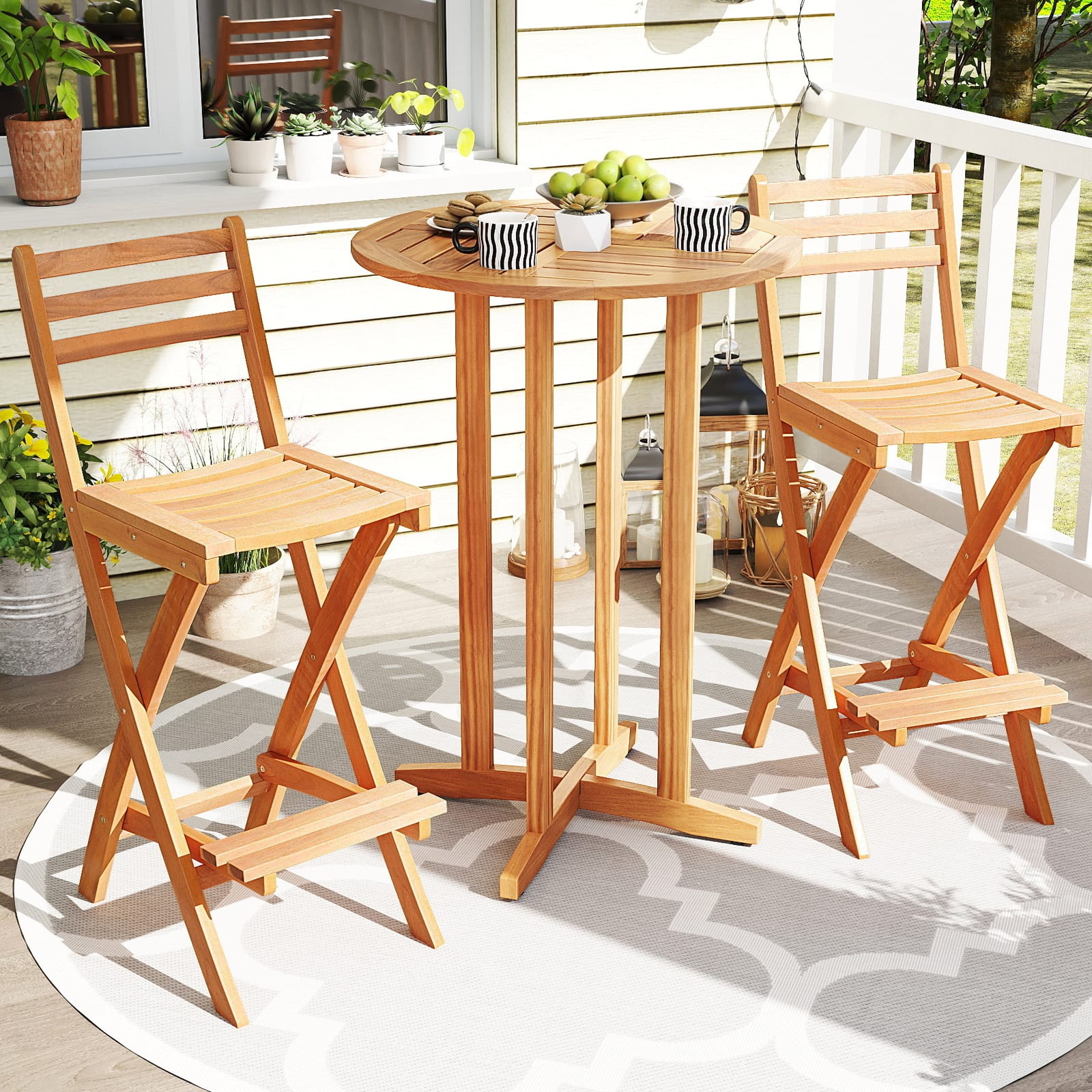 Gymax Outdoor Folding Bar Stools Set of 2 w/Backrest Footrest