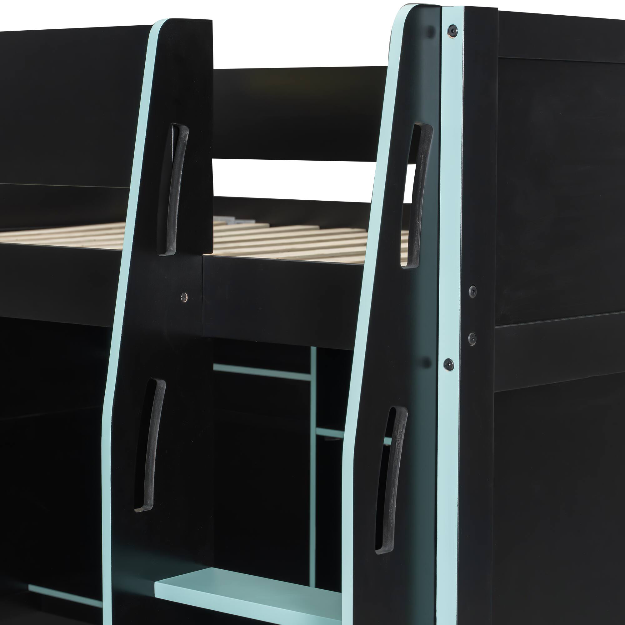 Back. Anysun - Full Size Wood Loft Bed with Desk,Open Wardrobe,Storage Compartments and RGB Lights - Blue.