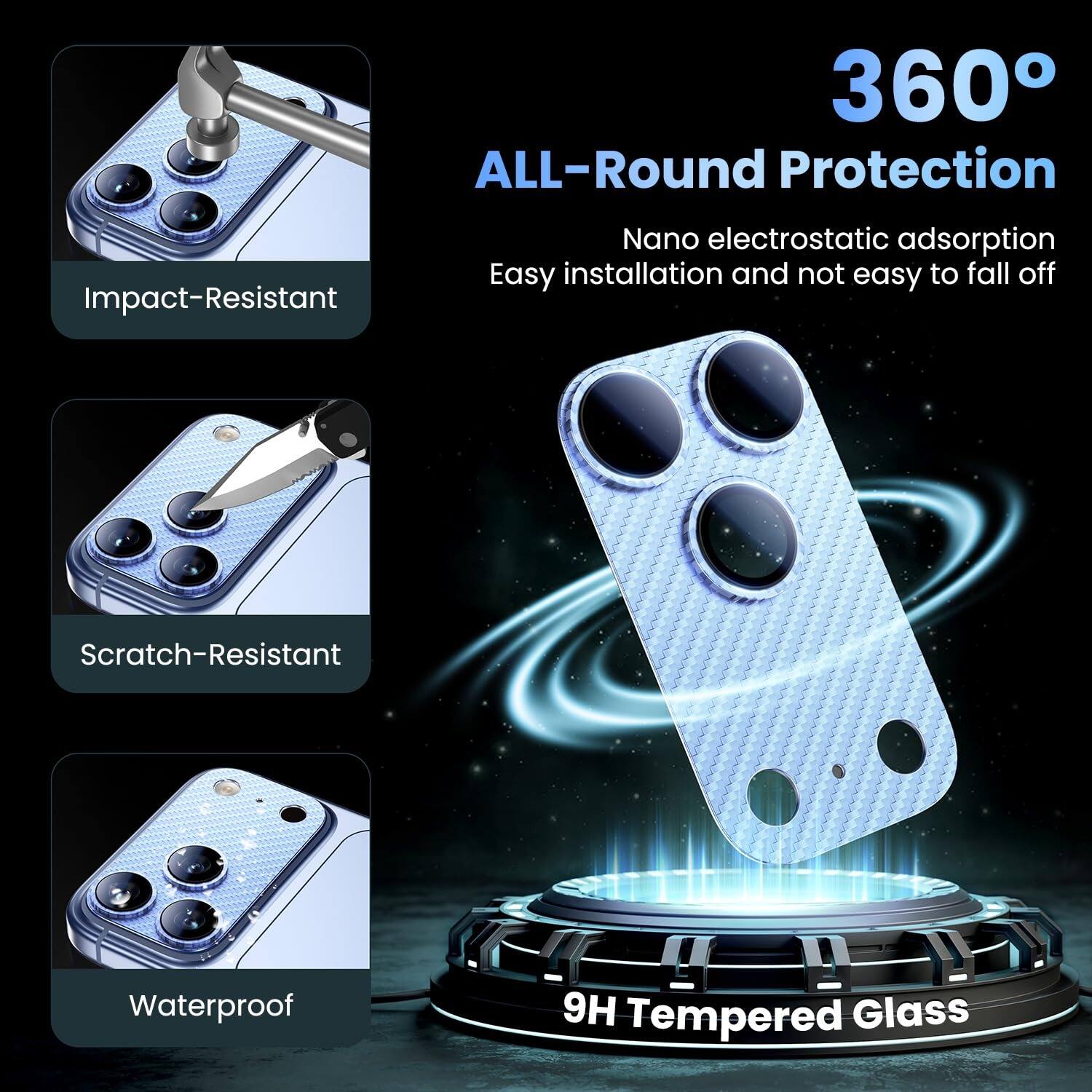 360° ALL-Round Protection

- Impact-Resistant
- Scratch-Resistant
- Waterproof
- Nano electrostatic adsorption
- Easy installation and not easy to fall off
- 9H Tempered Glass
