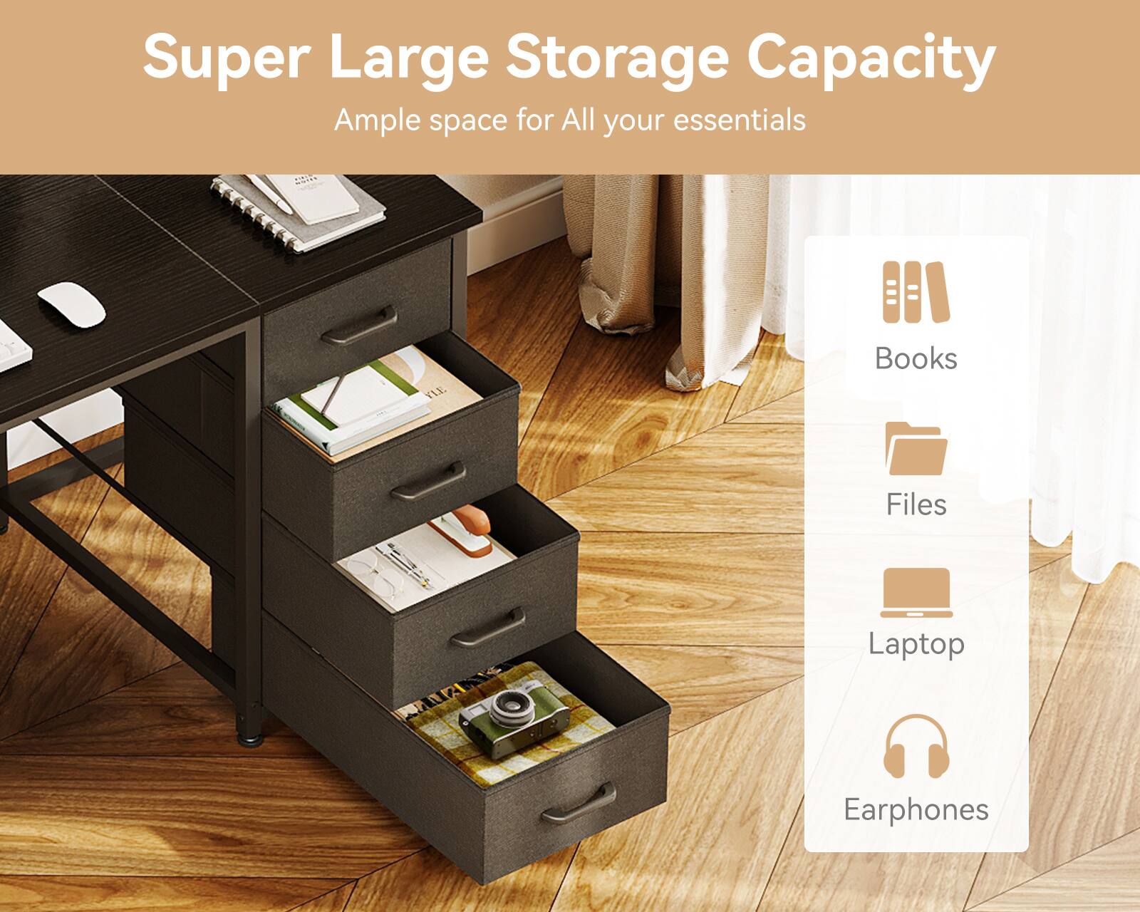 Super Large Storage Capacity  
Ample space for All your essentials  

- Books  
- Files  
- Laptop  
- Earphones
