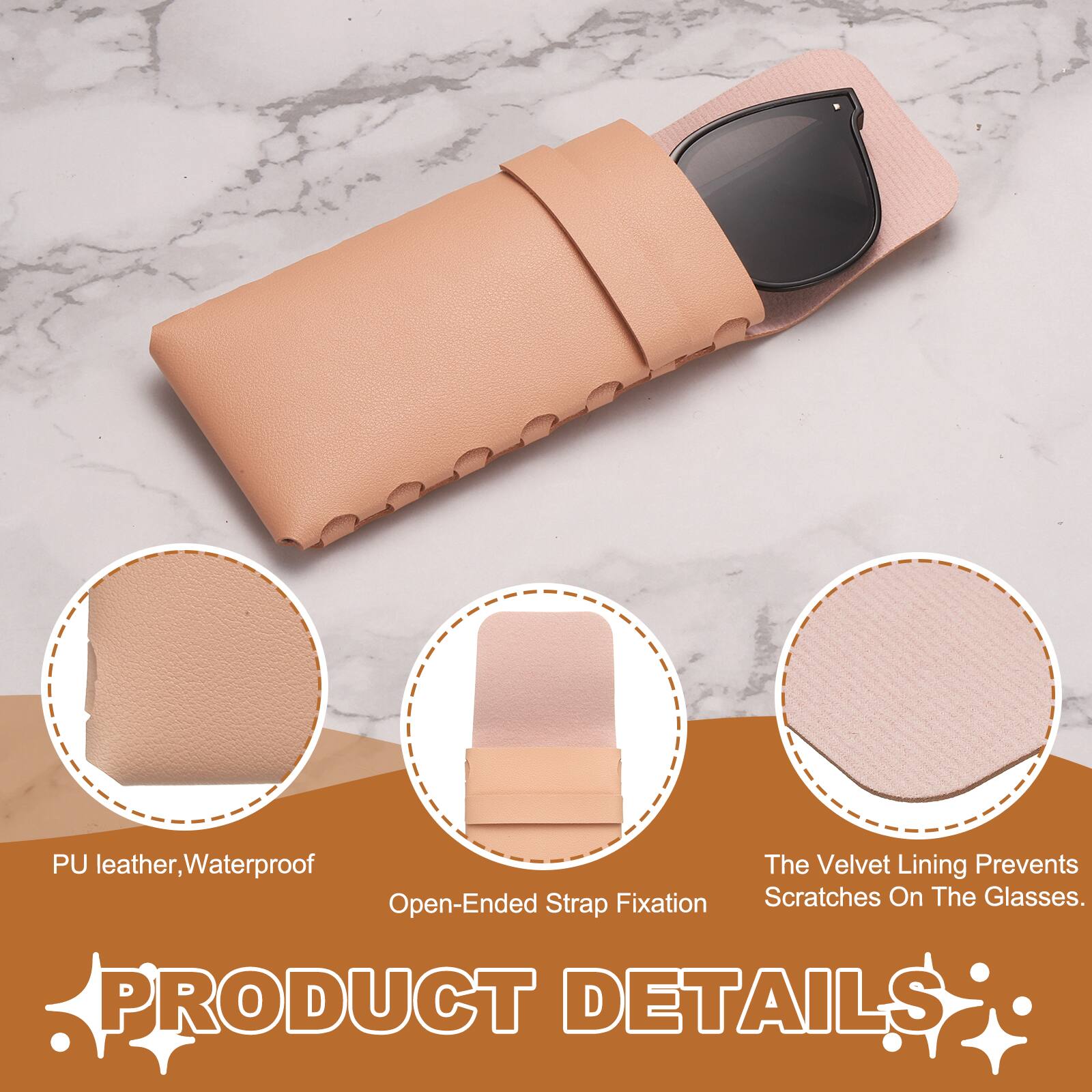 PU leather, Waterproof  
The Velvet Lining Prevents Scratches On The Glasses.  
PRODUCT DETAILS