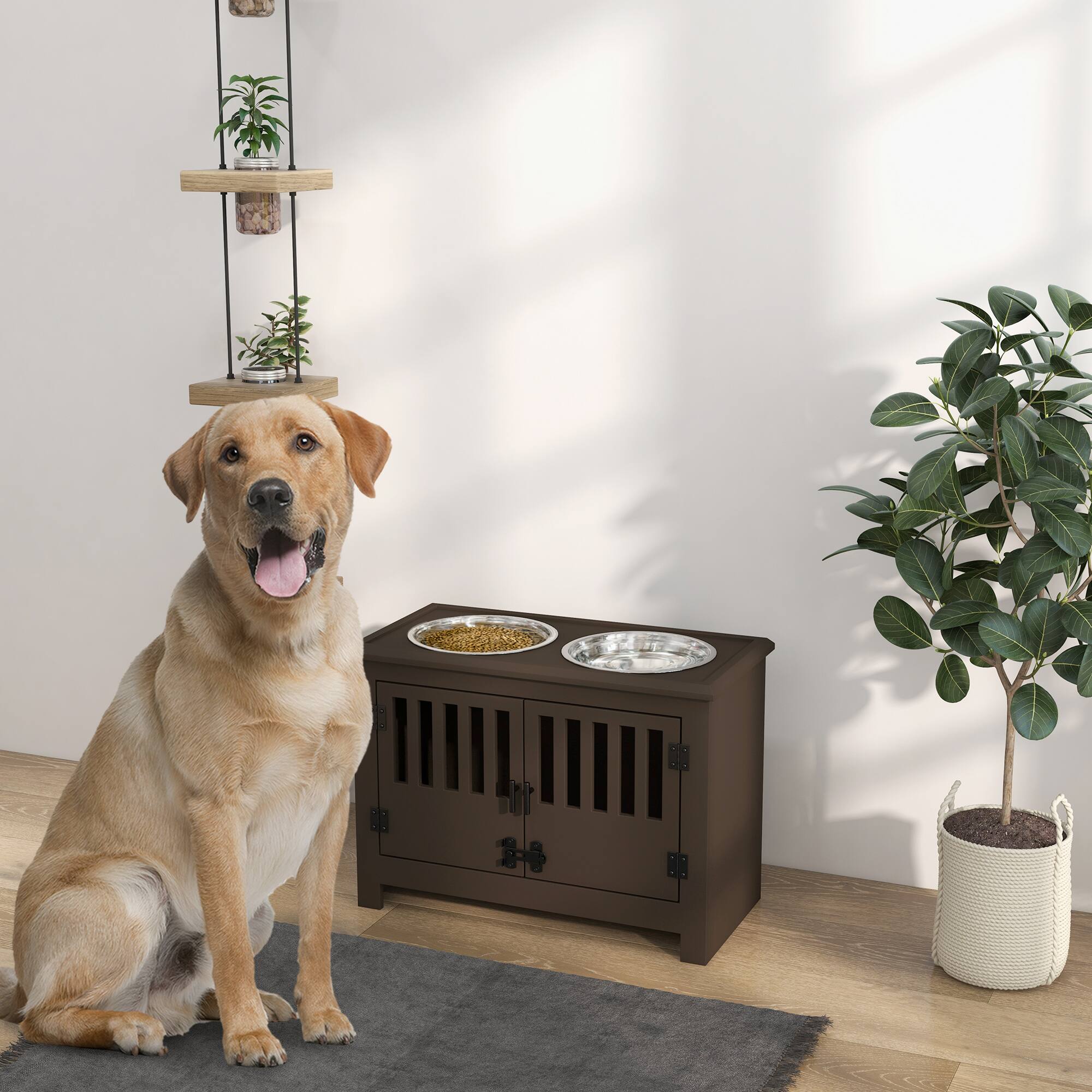 Angle. Pawhut - Large Elevated Dog Bowls with Cabinet Containing 37L Capacity, Bowl Stand, Food Bowl, Feeding Station - Espresso.