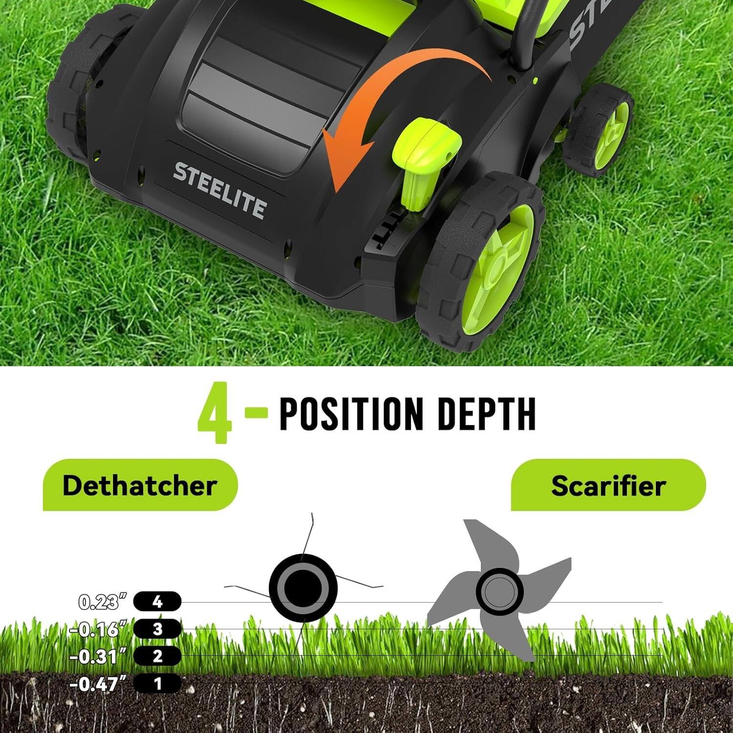ST Steelite 4-Position Depth Dethatcher Scarifier  
0.23" - 0.16" - 0.31" - 0.47"  
4 3 2 1