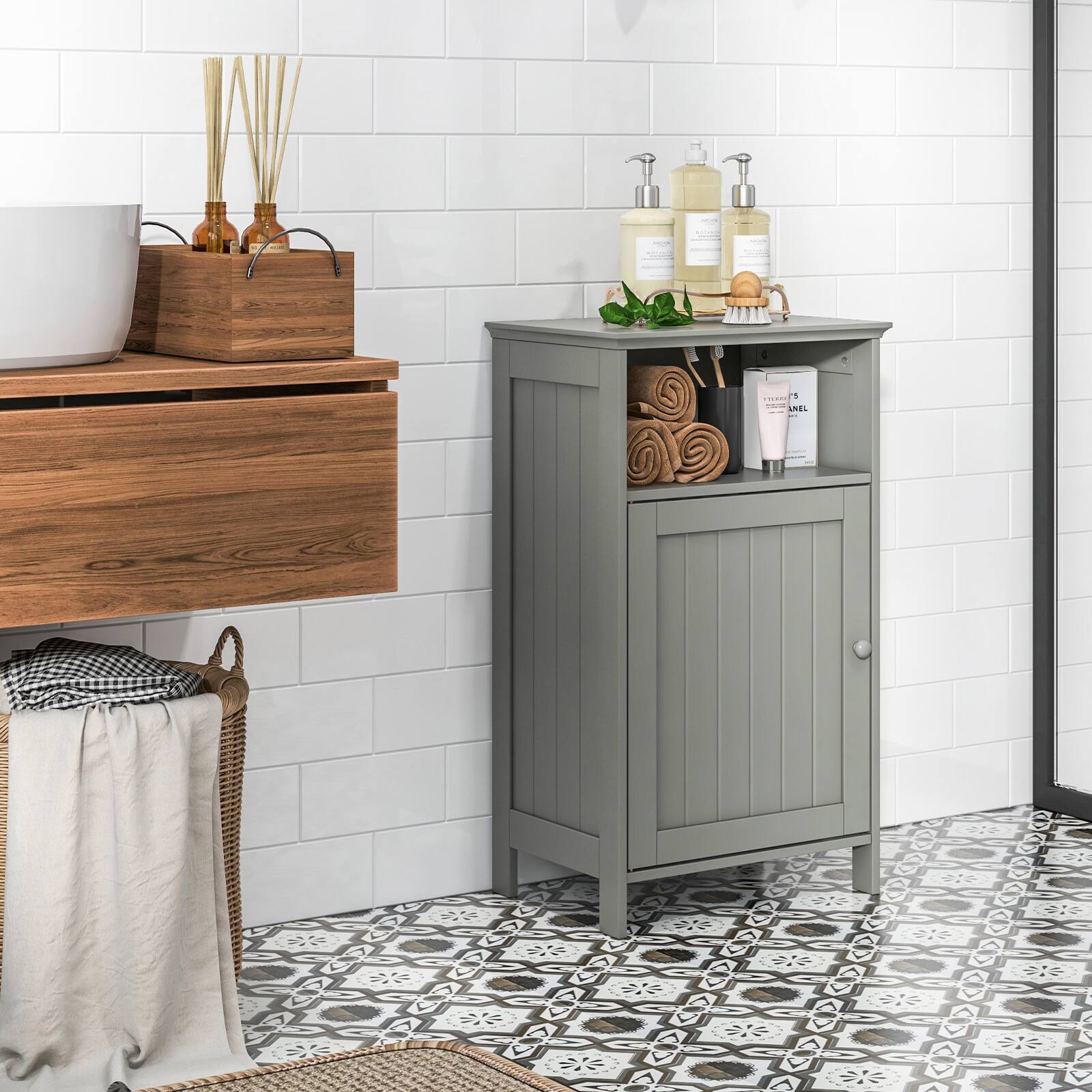 Alt View 7. Ecooso - Bathroom Freestanding  Adjustable Shelf Floor Storage Cabinet - Gray.