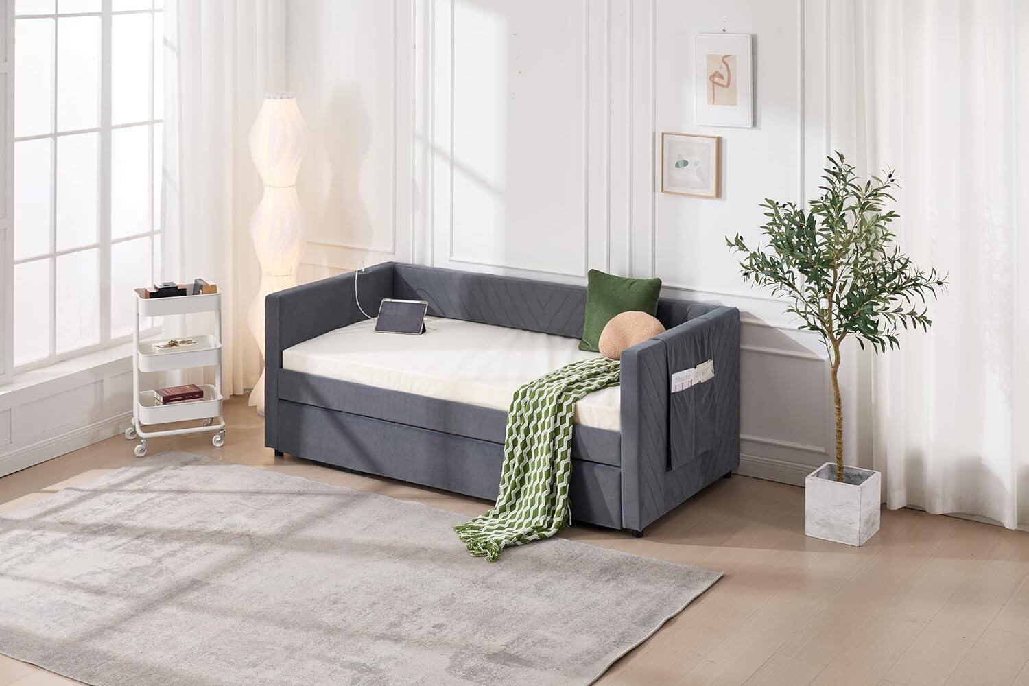 Alt View 5. Trinkets Crazed - Twin Daybed with Pop Up Trundle, Velvet Upholstered Extendable Daybed with USB Ports & Pockets - gray.