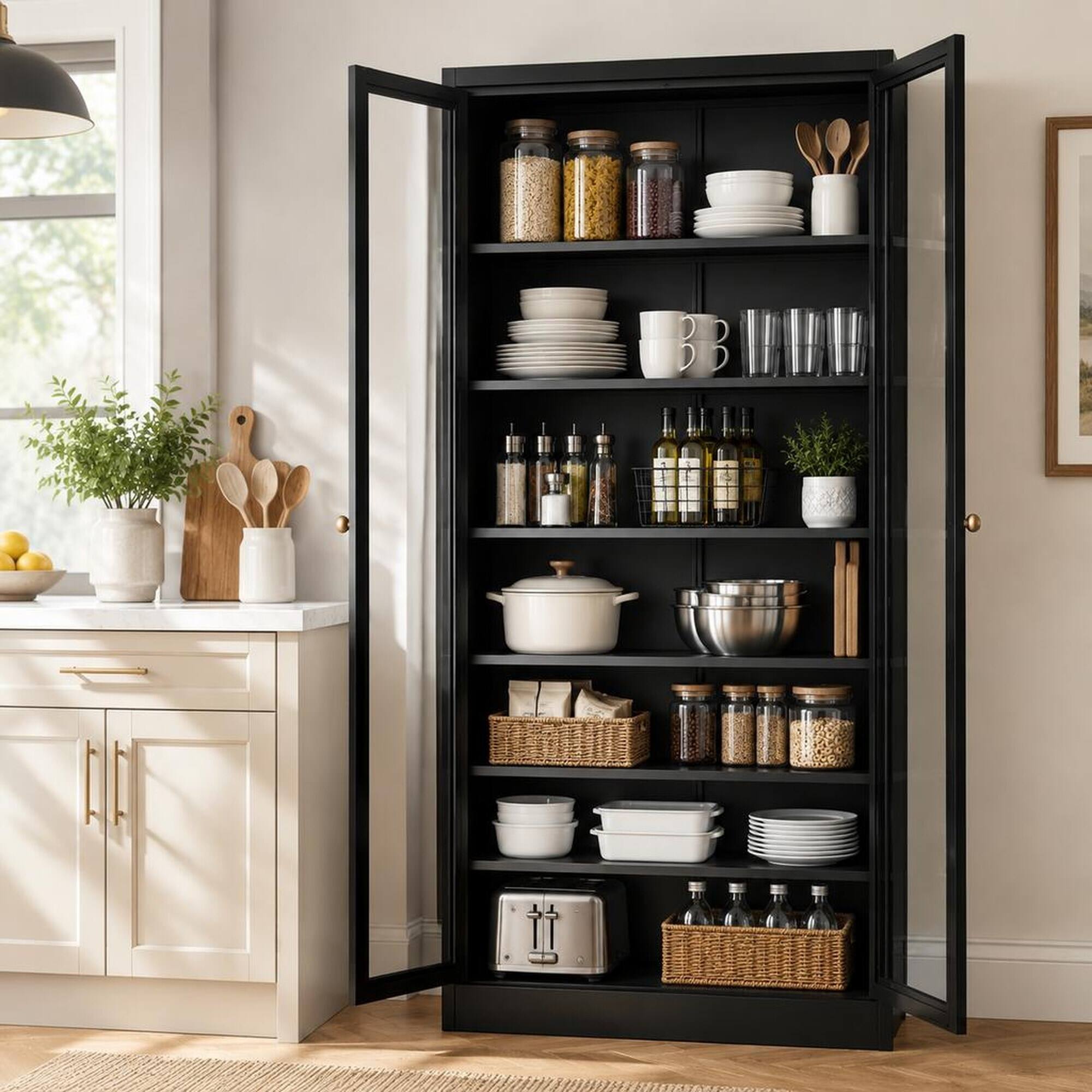 Front. RYHNUYNE - Freestanding 72 Inch Metal Kitchen Pantry Cabinet with 5 Adjustable Shelves, Tall Storage for Pantry, Black - Black.