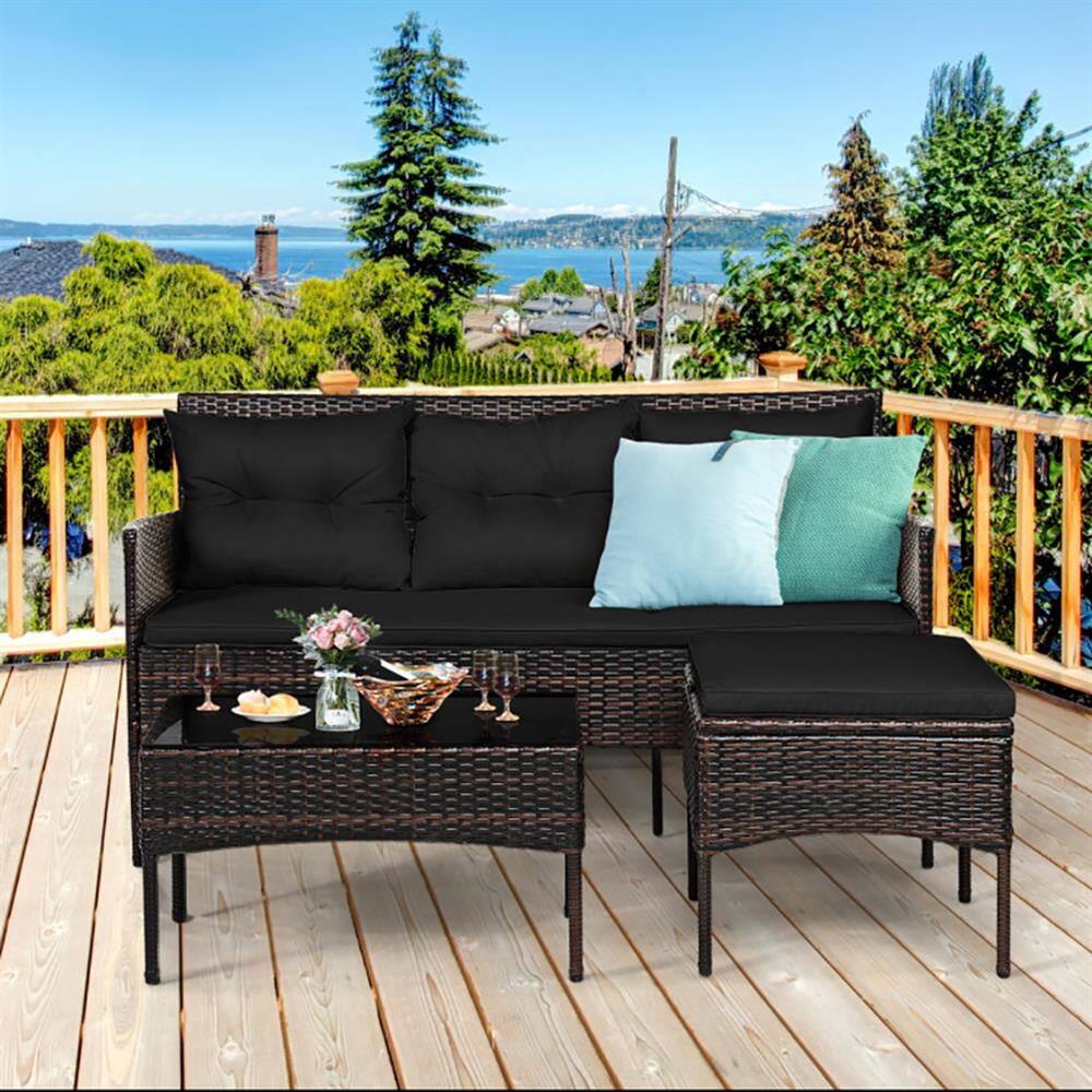 Alt View 6. Kadyn - Patio Furniture Sets,Outdoor & Patio Furniture Sets,3 Pieces Patio Furniture Sectional Set with 5 Cozy Cushions-Black - Brown.