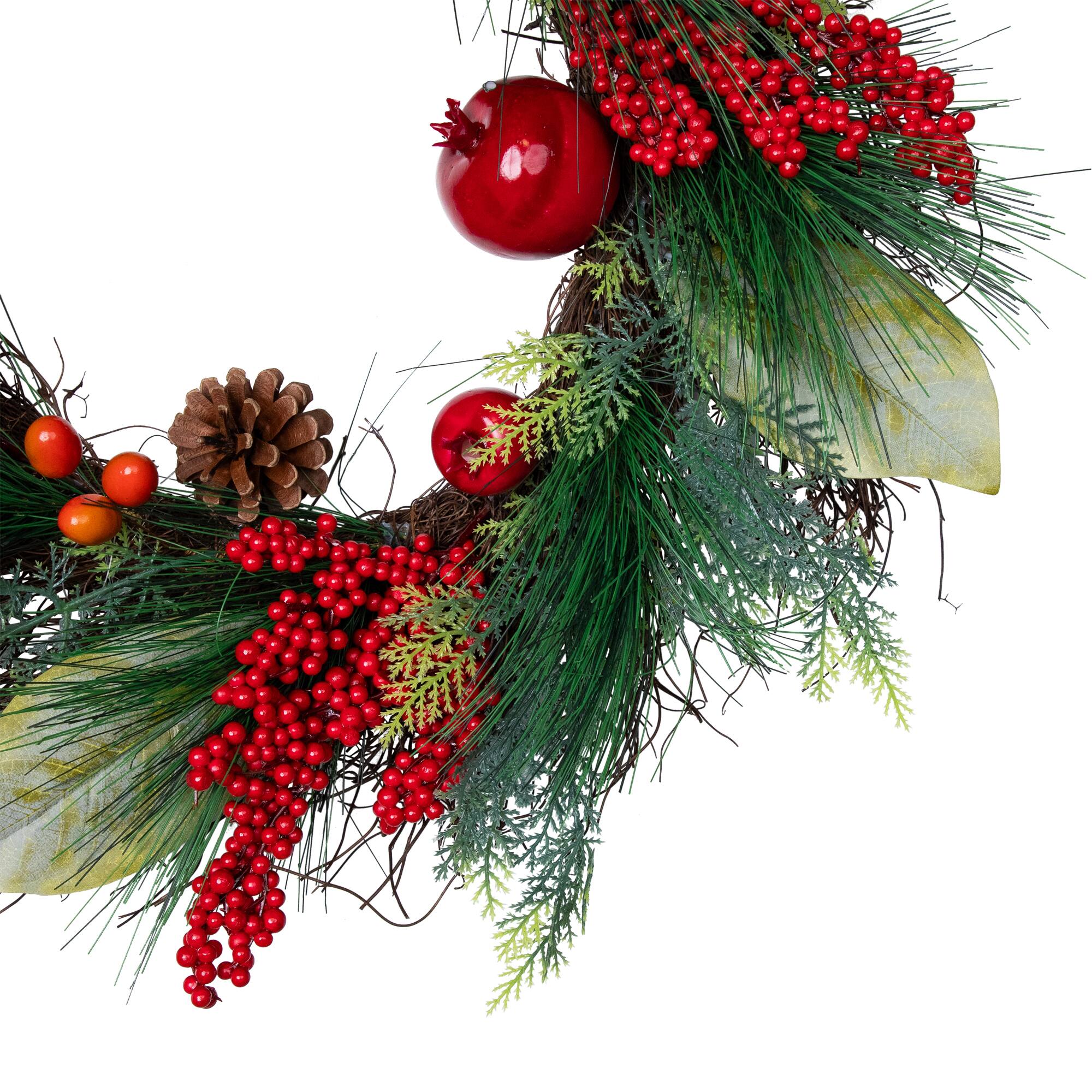 Alt View 3. Northlight - Pine, Berry and Pomegranate Artificial Fall Harvest Wreath - 24" - Red.