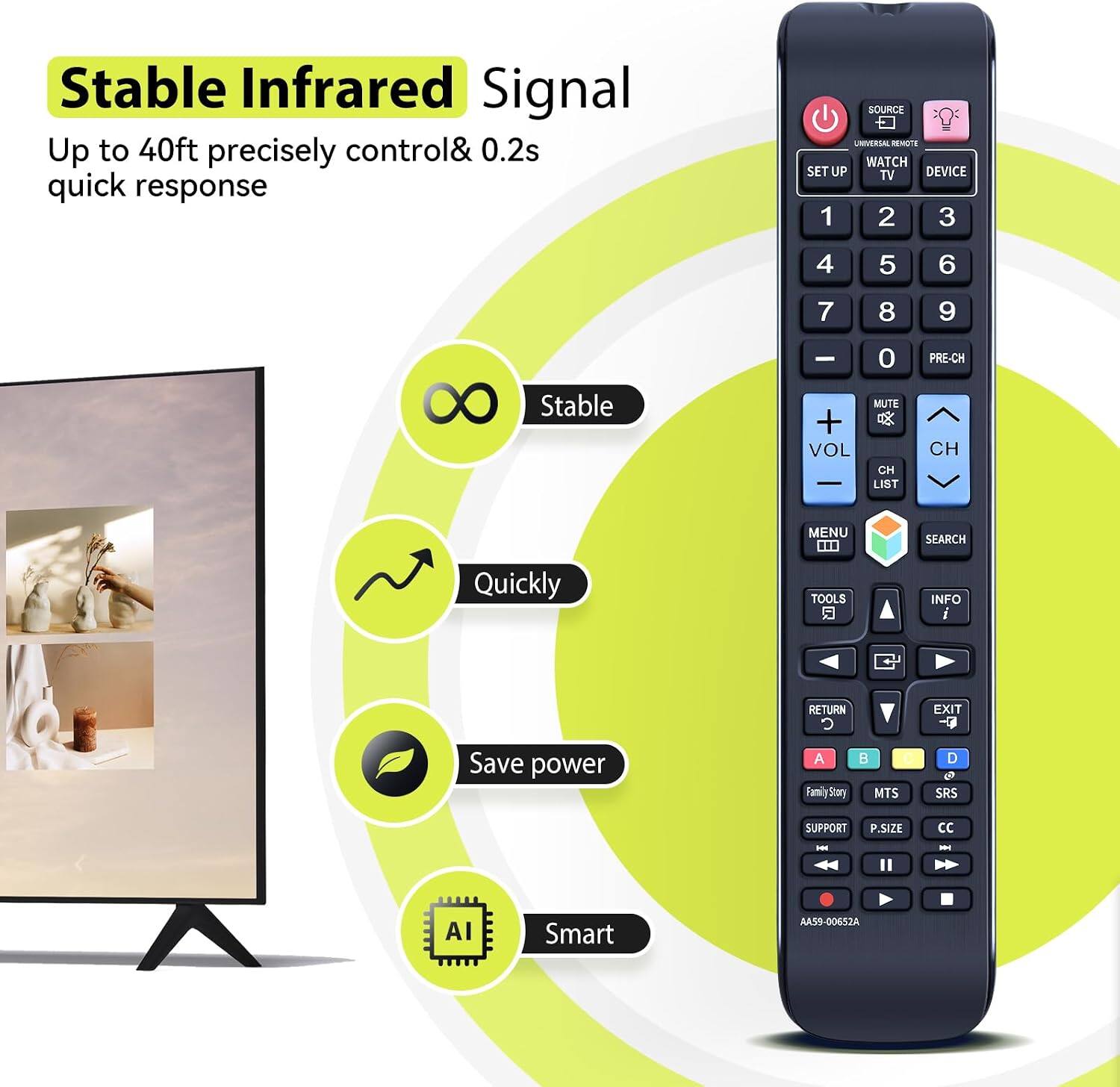 Stable Infrared Signal Up to 40ft precisely control & 0.2s quick response

SOURCE UNIVERSAL REMOTE WATCH SET UP TV DEVICE
1 2 3
4 5 6
7 8 9
0
PRE-CH
Stable
+ VOL
MUTE  CH LIST
CH
MENU
SEARCH
Quickly
TOOLS
INFO i
RETURN 
EXIT
Save power
A Family Story
MTS
6 SRS
SUPPORT P.SIZE
CC
AI
Smart
AA59-00652A