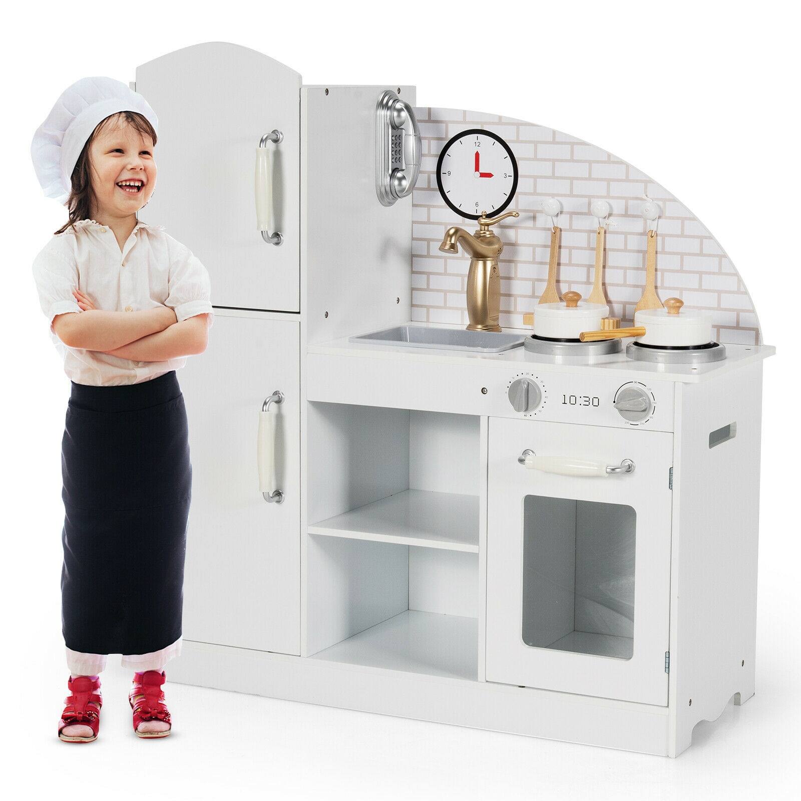 Back. SlickBlue - Pretend Play Kitchen Set for Kids with Faucet, Telephone, and Cooking Accessories - White.