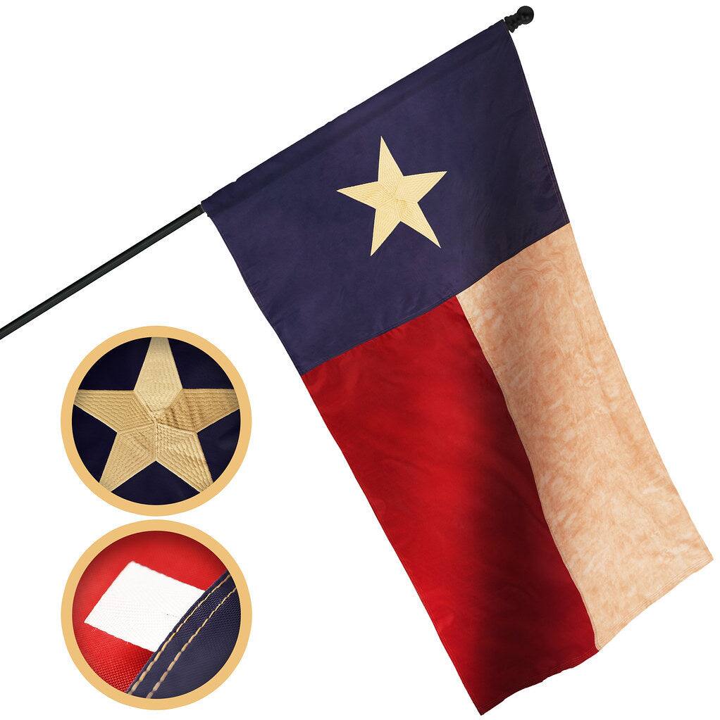 Front. G128 - Texas 3x5 ft Embroidered Polyester Flag with Pole Sleeve, Embroidered Stars and Sewn Stripes. - Assorted Colors.