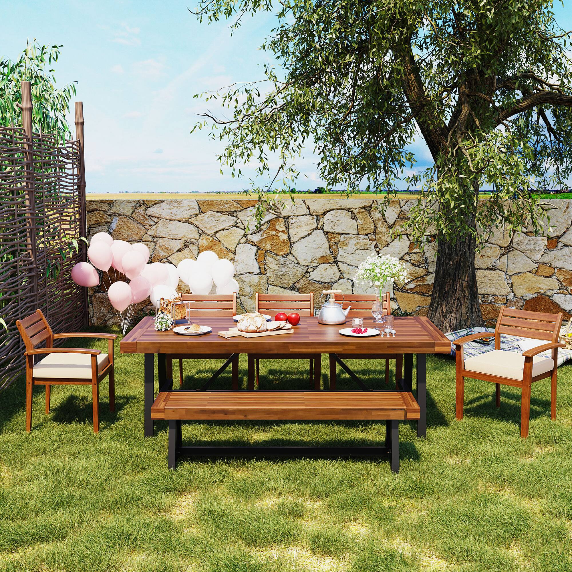 Left. Mondawe - Outdoor Wood Dining Set With Removable Cushions, Ergonomic Chairs And Benche - Natural.