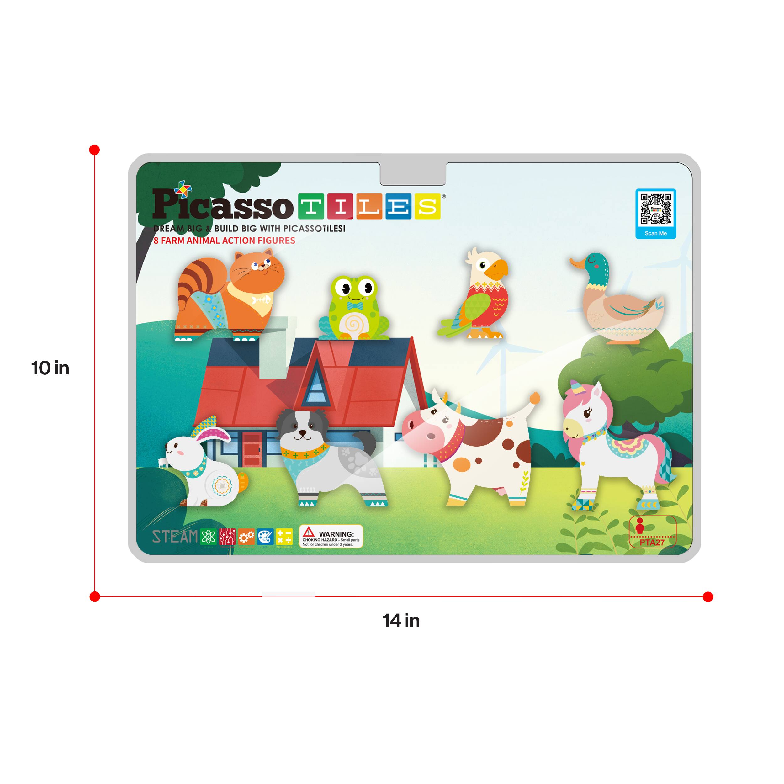 Picasso Tiles  
Dream Big & Build Big with PicassoTiles!  
8 Farm Animal Action Figures  

STEAM  

Warning:  
Not for children under 3 years.  

10 in  
14 in  

PTA27
