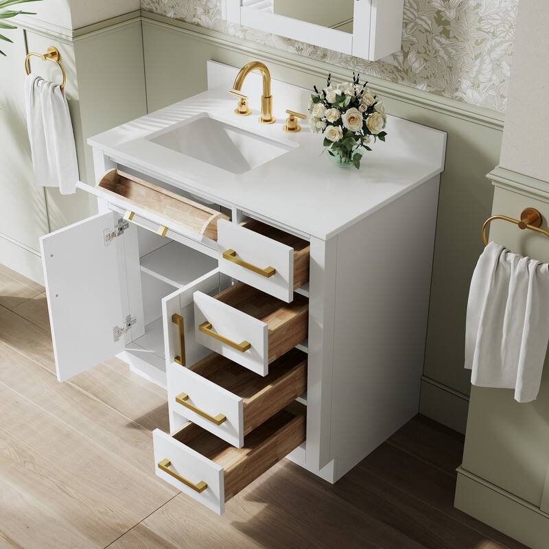 Left. WELLFOR - 36" Solid Wood Bathroom Vanity with Sink, 2 Soft-Close Doors, 5 Drawers& Cultured Marble Countertop - White.