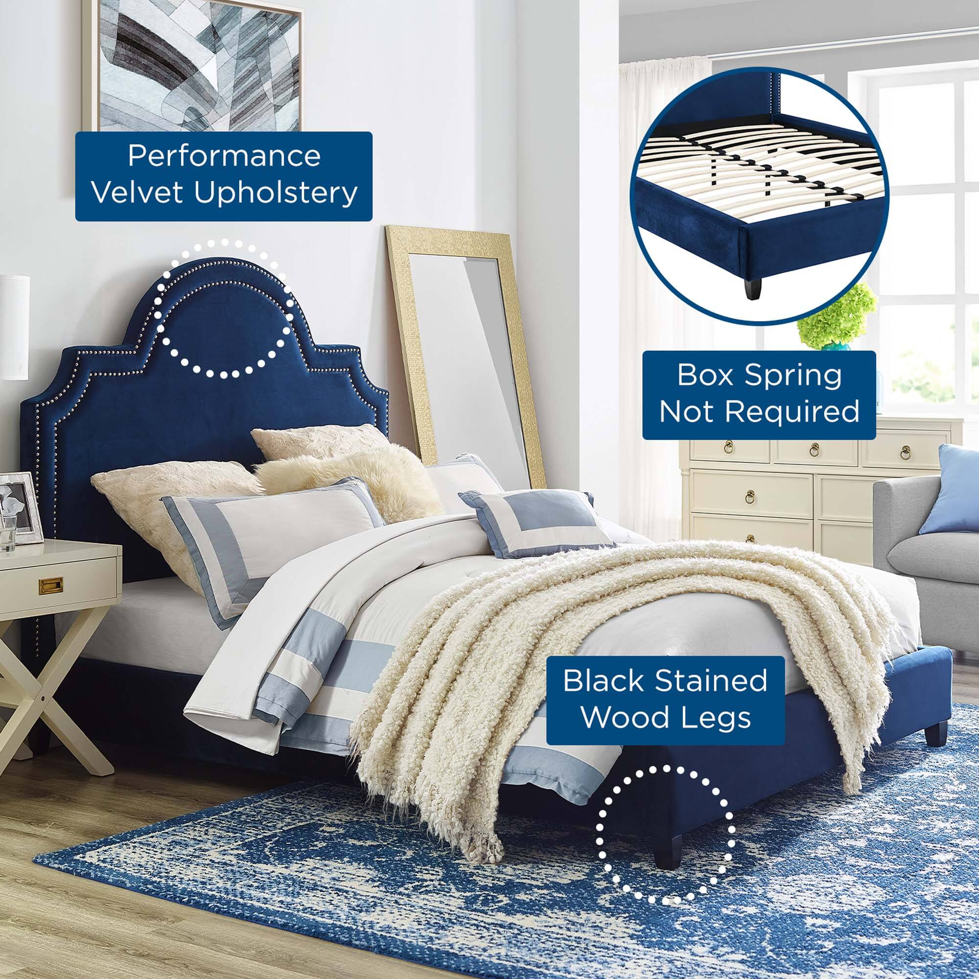 Performance Velvet Upholstery

Box Spring Not Required

Black Stained Wood Legs