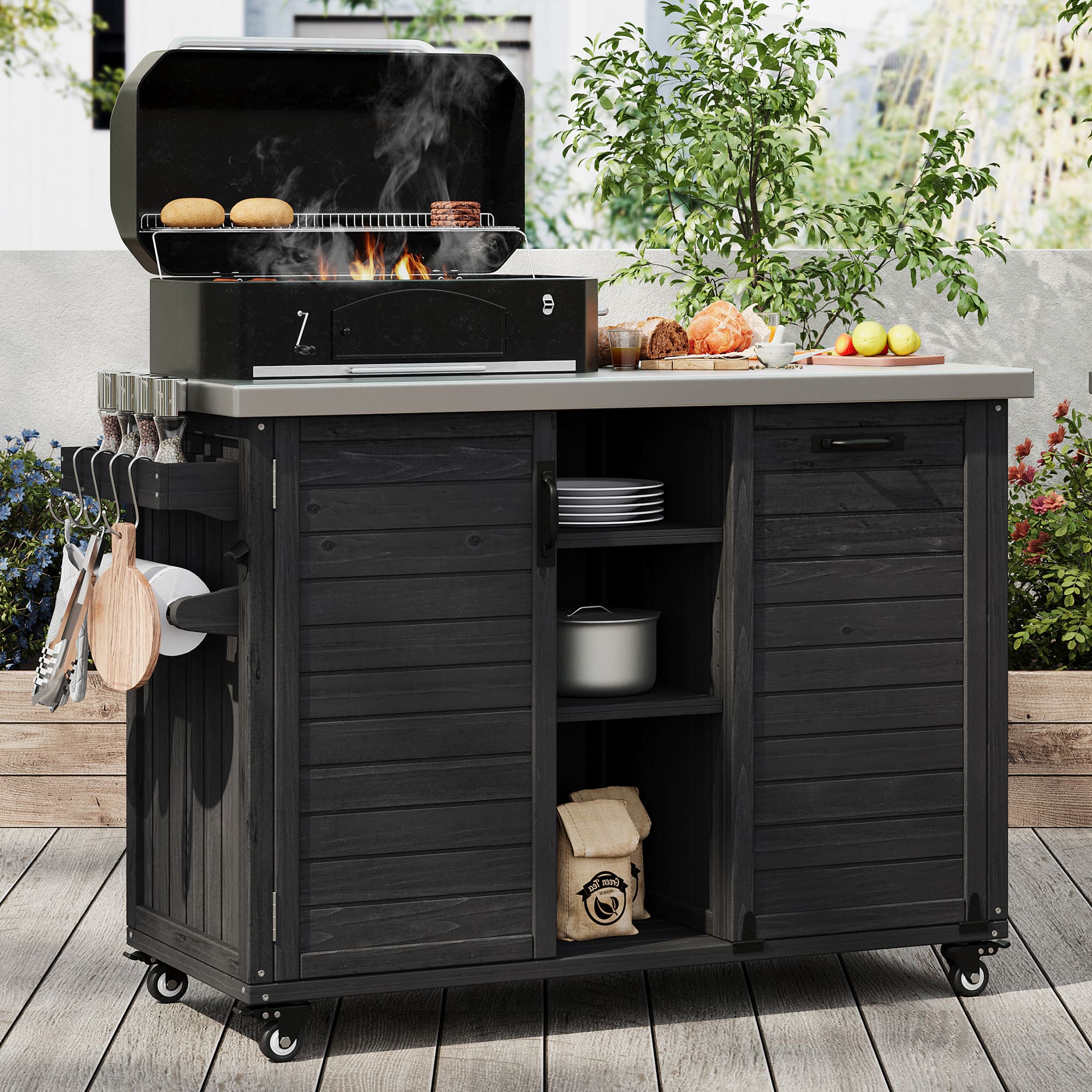 PexFix - 78.3" Outdoor Kitchen Island with Foldable Table, Trash Storage & Stainless Top, Wood Pizza Oven Cart for Lawn & Garden - Black