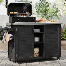PexFix - 78.3" Outdoor Kitchen Island with Foldable Table, Trash Storage & Stainless Top, Wood Pizza Oven Cart for Lawn & Garden - Black