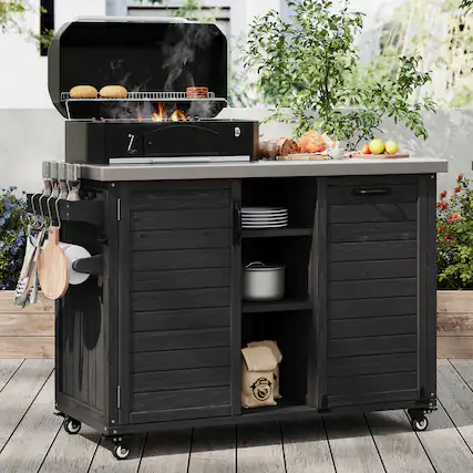 Front. PexFix - 78.3" Outdoor Kitchen Island with Foldable Table, Trash Storage & Stainless Top, Wood Pizza Oven Cart for Lawn & Garden - Black.