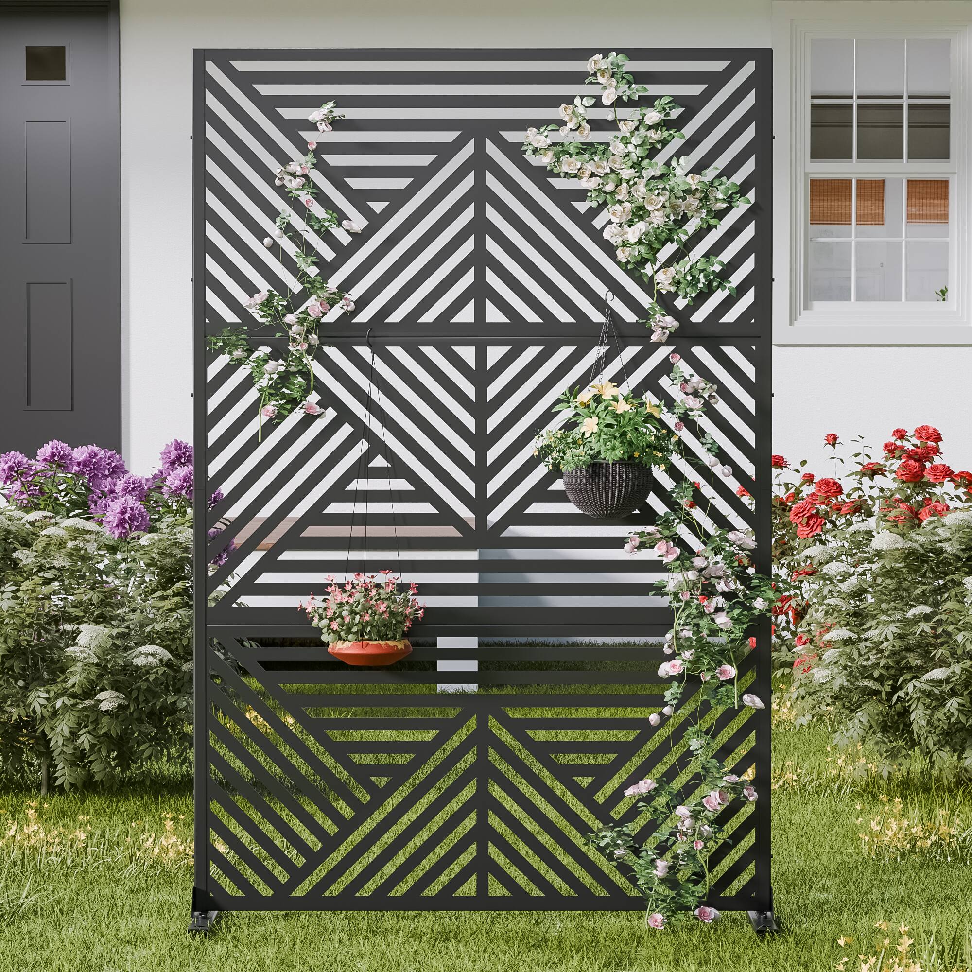 Alt View 2. PexFix - 72 in. x 47 in. Zodiac Pattern Metal Outdoor Privacy Screen & Panels, Freestanding Garden Divider Fence - Black.