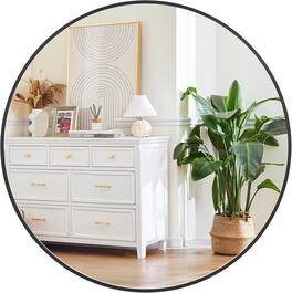 Homhougo - Black Round Mirror Sleek Metal Frame Minimalist Easy Assembly