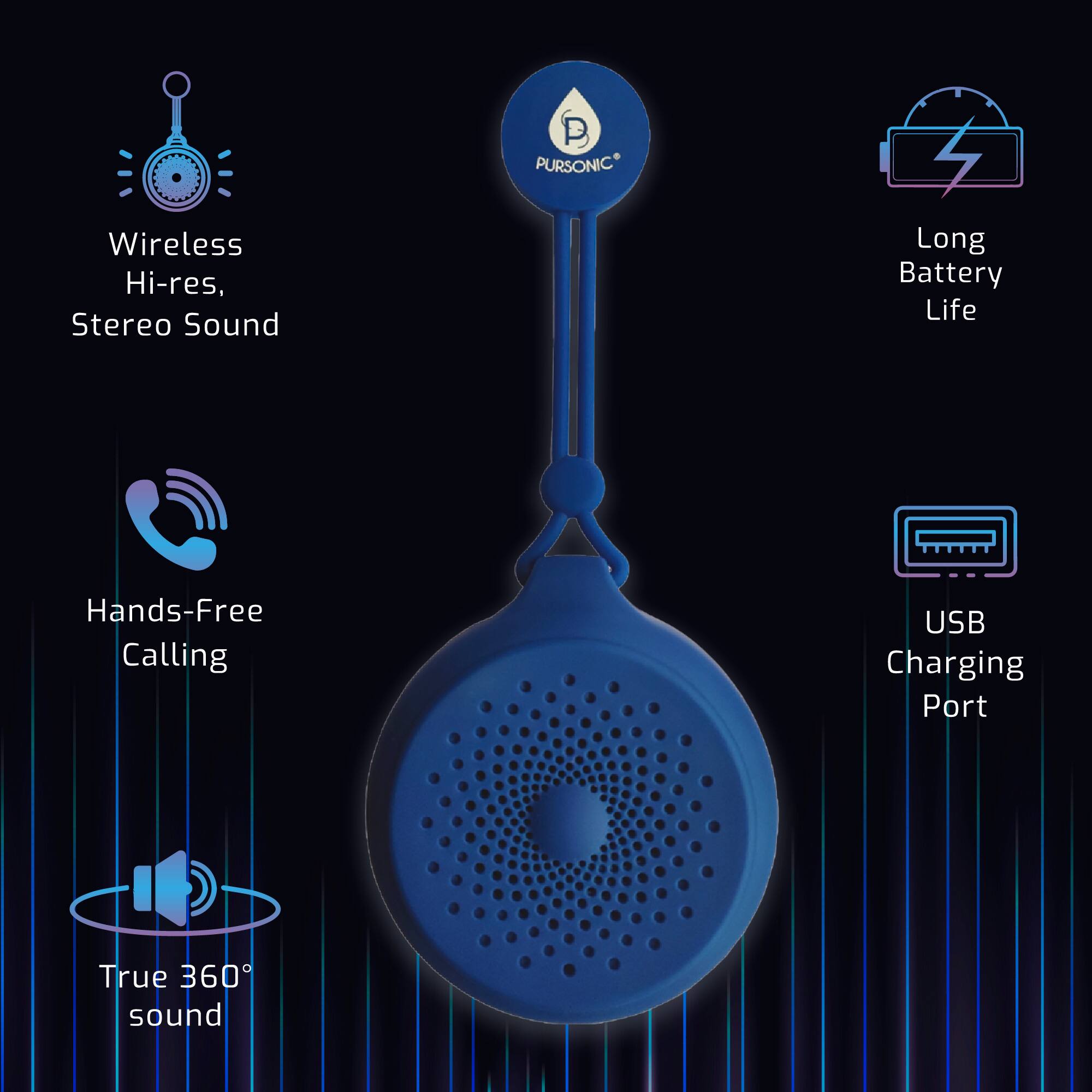 - Wireless Hi-res, Stereo Sound
- Long Battery Life
- Hands-Free Calling
- USB Charging Port
- True 360° sound