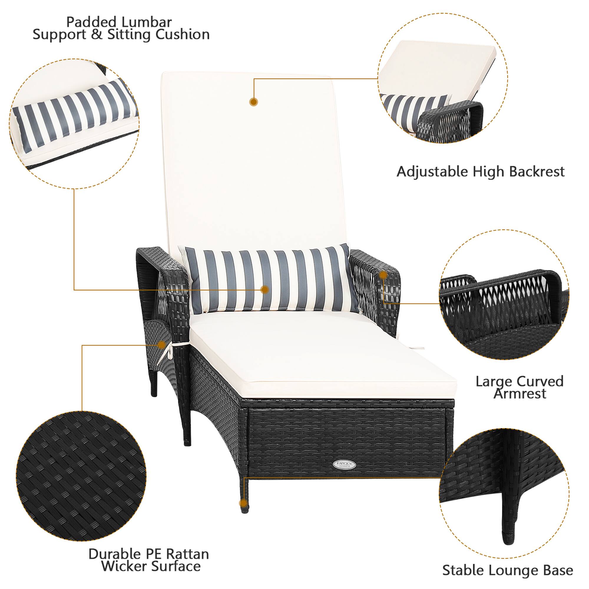 Padded Lumbar Support & Sitting Cushion, Adjustable High Backrest, Large Curved Armrest, Durable PE Rattan Wicker Surface, Stable Lounge Base