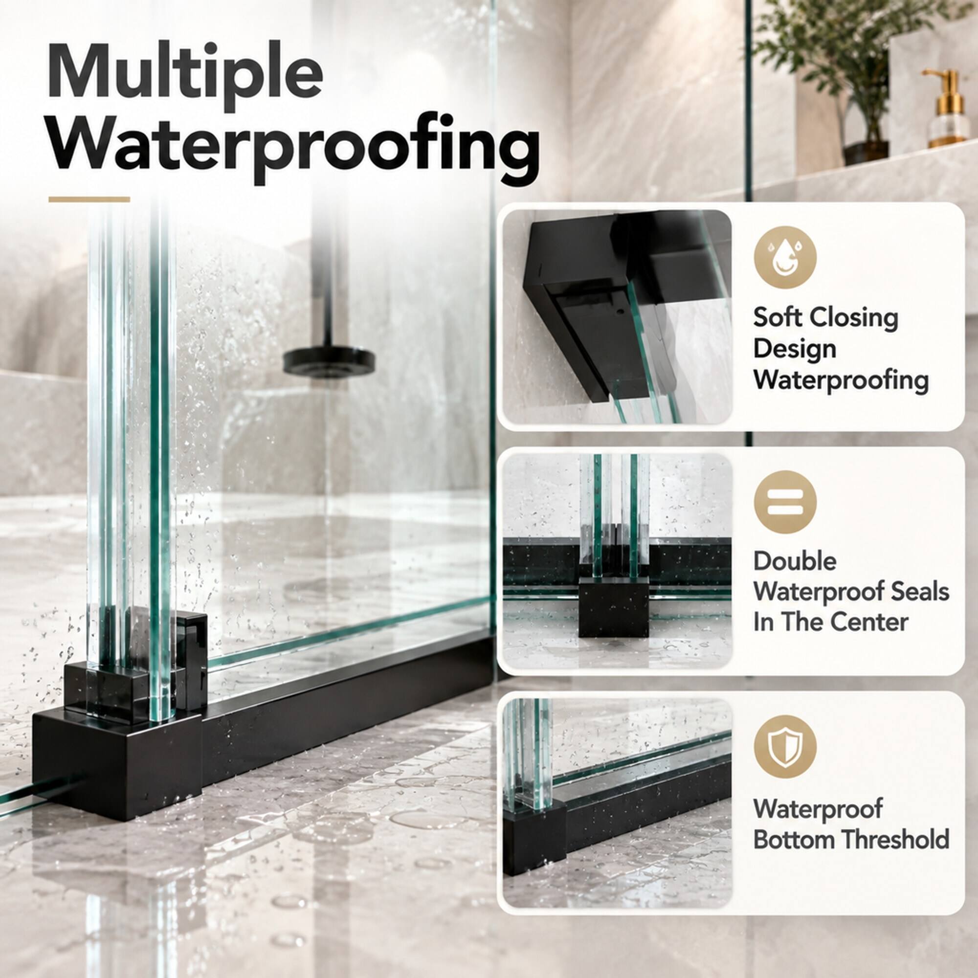Multiple Waterproofing

- Soft Closing Design Waterproofing
- Double Waterproof Seals In The Center
- Waterproof Bottom Threshold