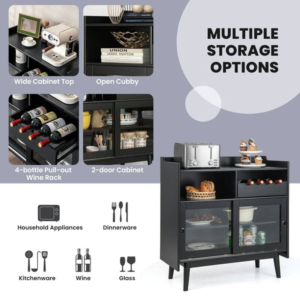 Wide Cabinet Top  
Open Cubby  
4-bottle Pull-out Wine Rack  
2-door Cabinet  
Multiple Storage Options  
Household Appliances  
Dinnerware  
Kitchenware  
Wine  
Glass